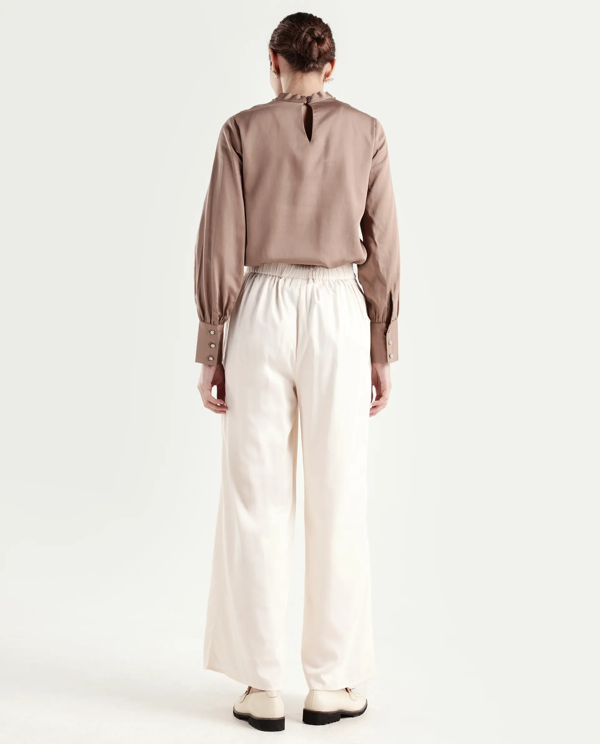 Rareism Women's Anina-B Beige Cotton Blend Flared Plain Trouser - Image 7