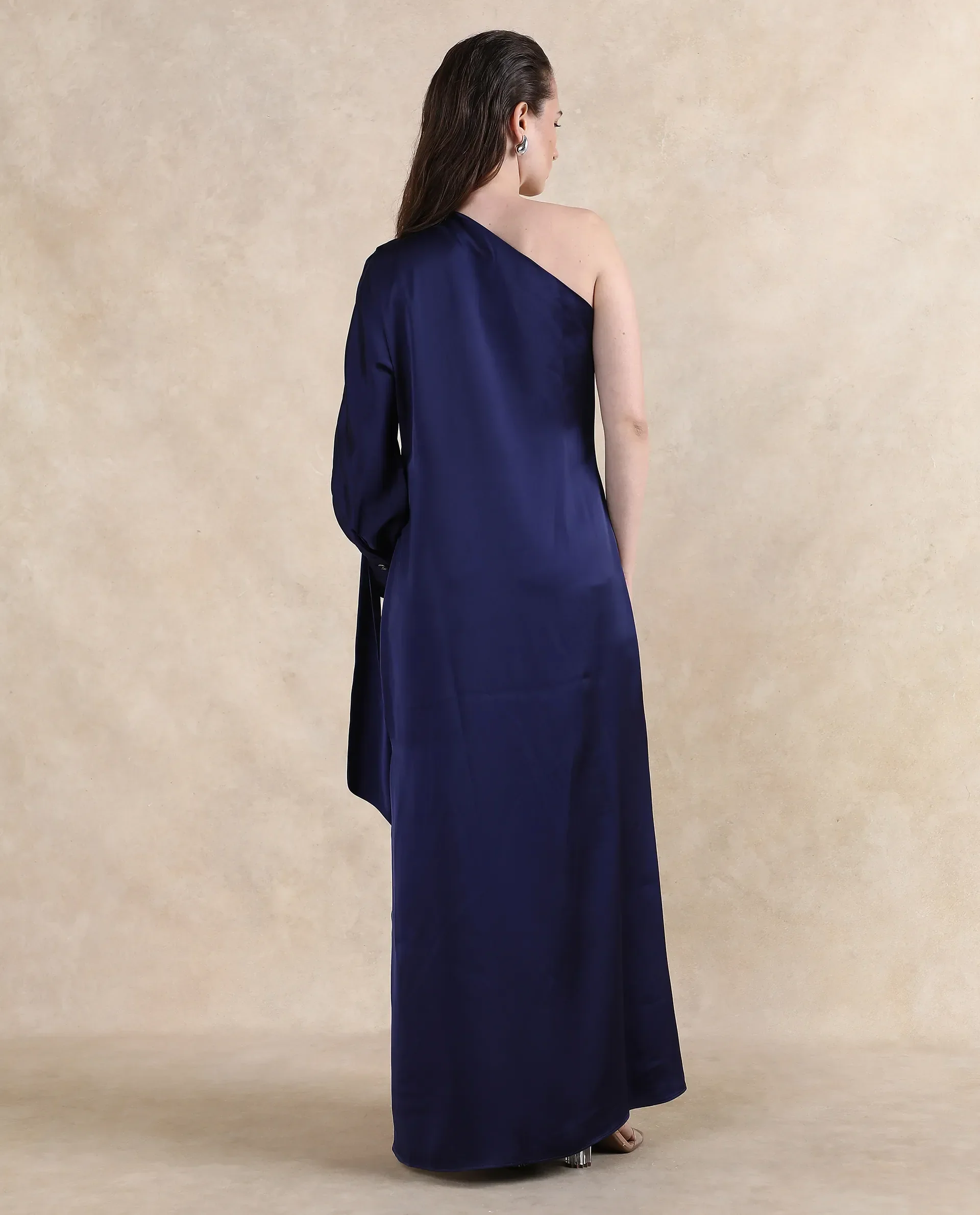 Rareism Women's Ankara Navy Satin One Shoulder Dyed One Shoulder Maxi Straight Fit Dress - Image 10
