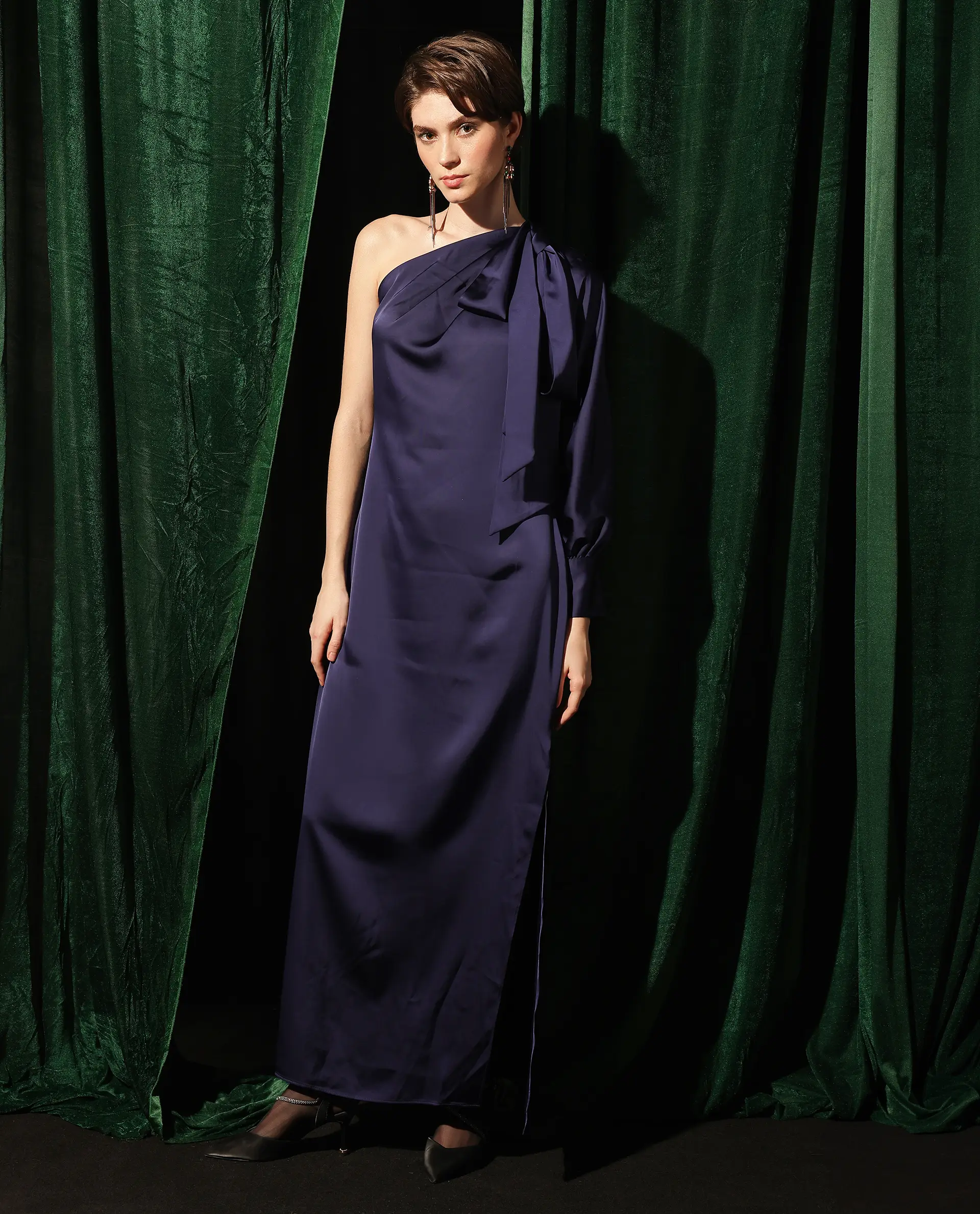 Rareism Women's Ankara Navy Satin One Shoulder Dyed One Shoulder Maxi Straight Fit Dress - Image 14