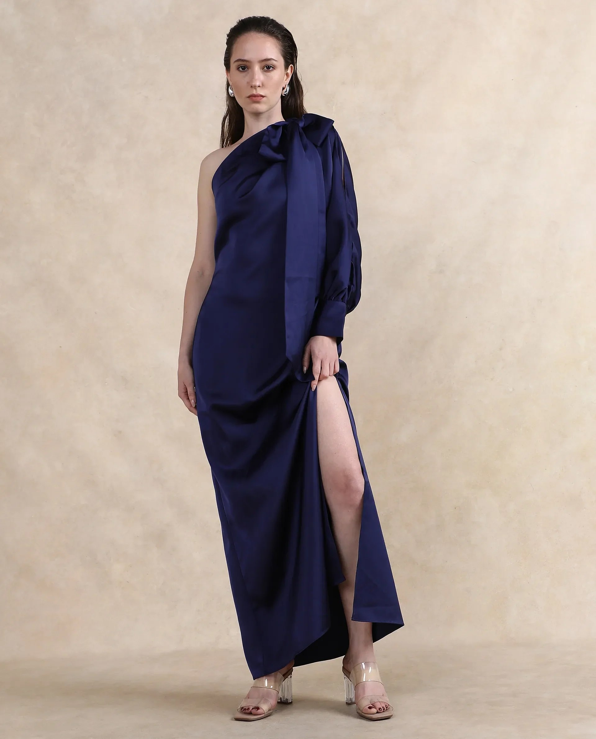 Rareism Women's Ankara Navy Satin One Shoulder Dyed One Shoulder Maxi Straight Fit Dress - Image 6