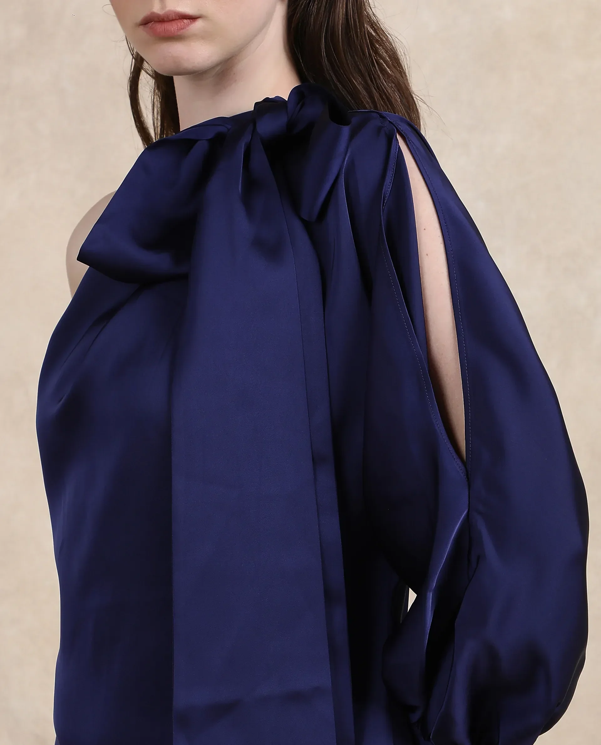 Rareism Women's Ankara Navy Satin One Shoulder Dyed One Shoulder Maxi Straight Fit Dress - Image 7