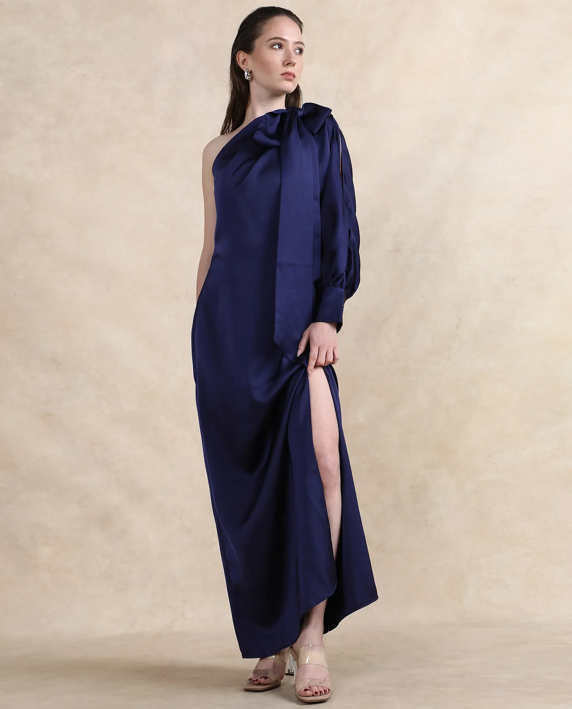 Rareism Women's Ankara Navy Satin One Shoulder Dyed One Shoulder Maxi Straight Fit Dress - Image 8