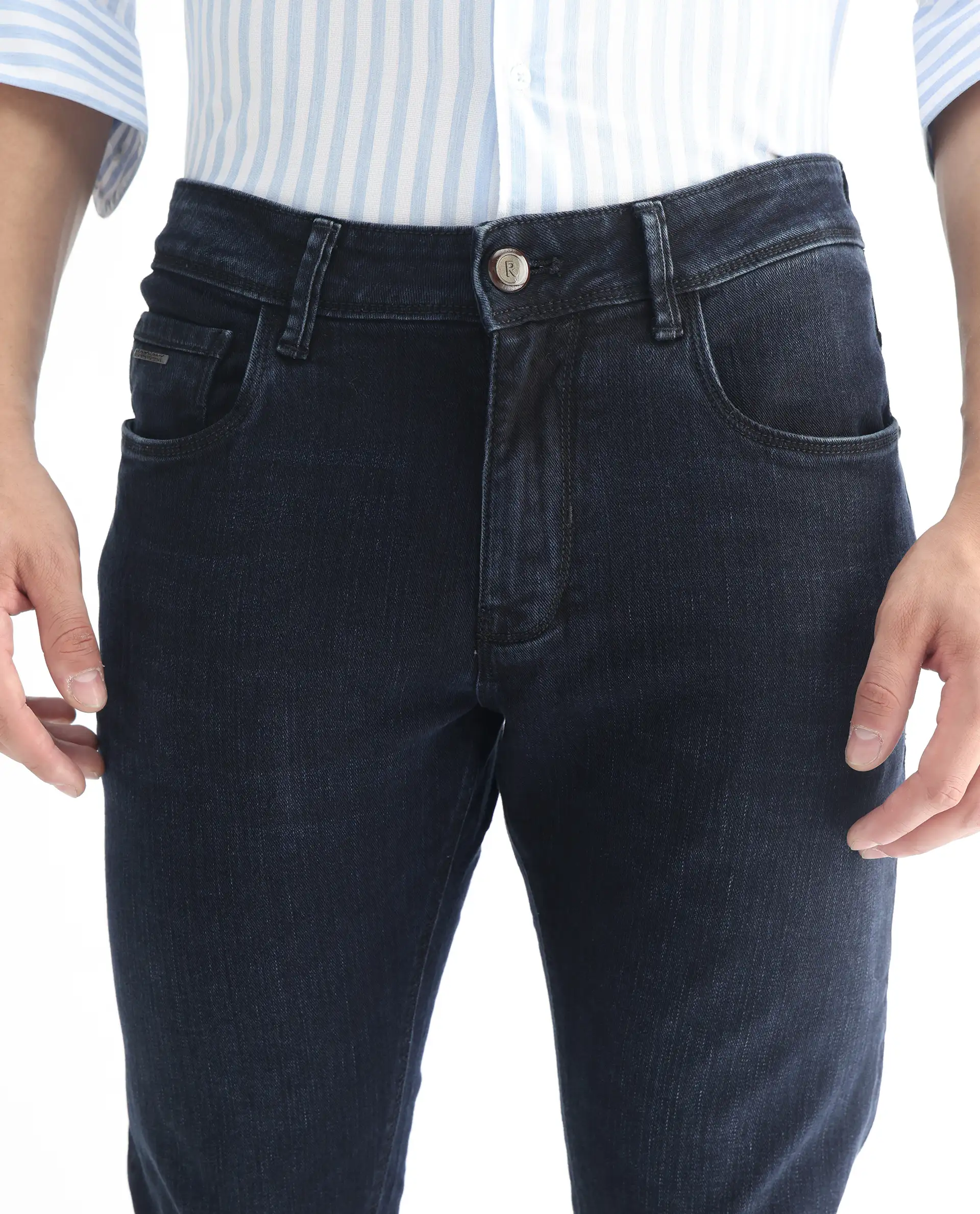 Rare Rabbit Men's Anket Blue Cotton Plain Hawk Slim Fit Jeans - Image 3