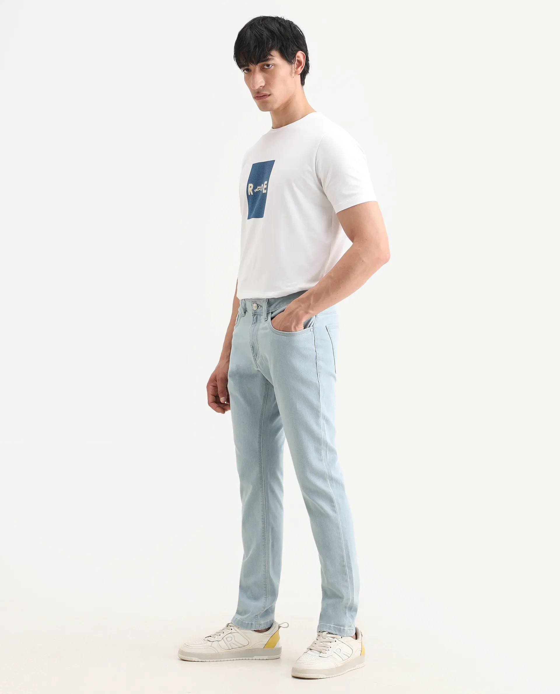 Rare Rabbit Men's Ankl Light Blue Cotton Blend Fabric Hawk Slim Plain Jeans - Image 5