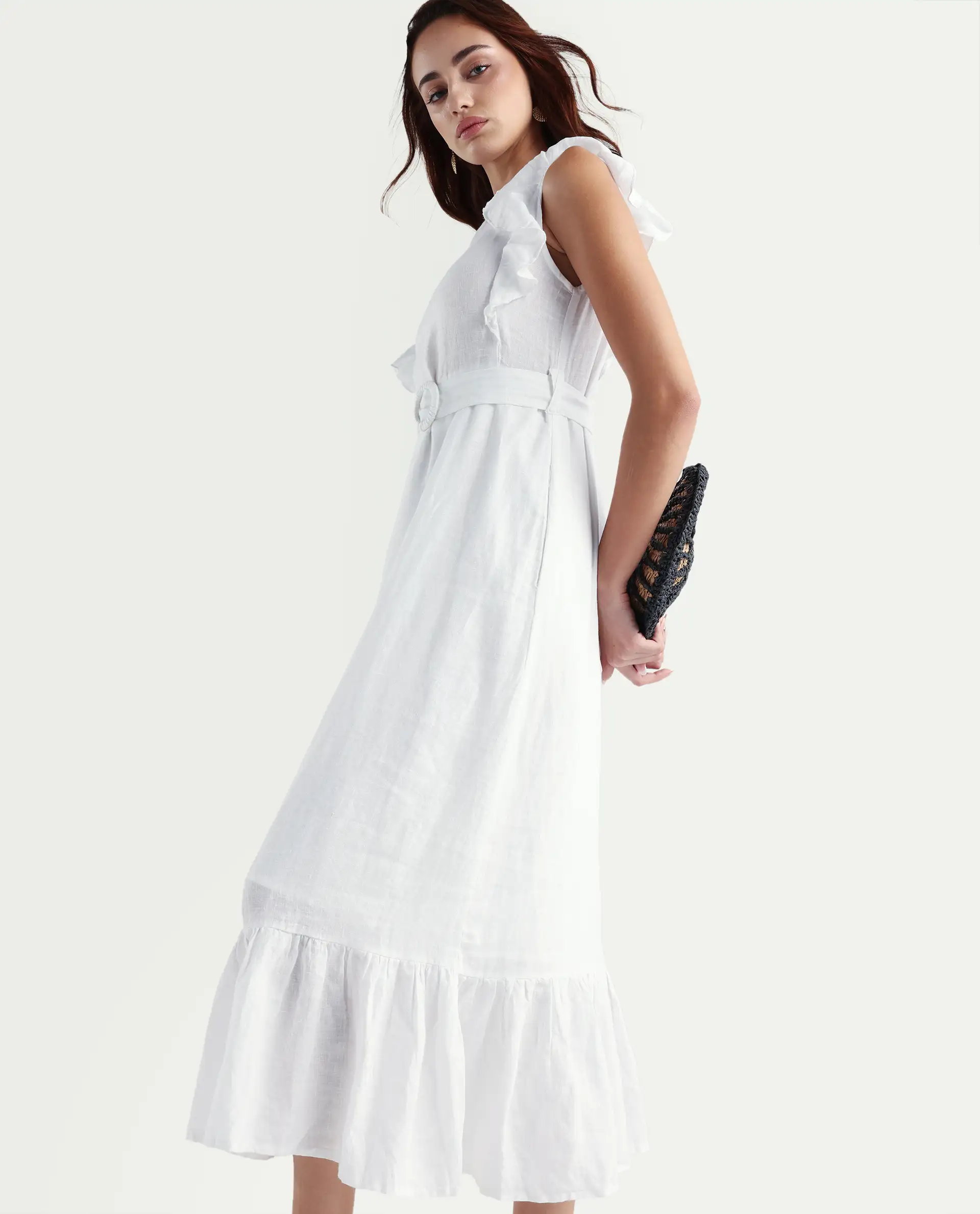 Rareism Women's Anne White Linen Boat Neck Plain Ruffled Sleeve Maxi Regular Fit Dress - Image 2