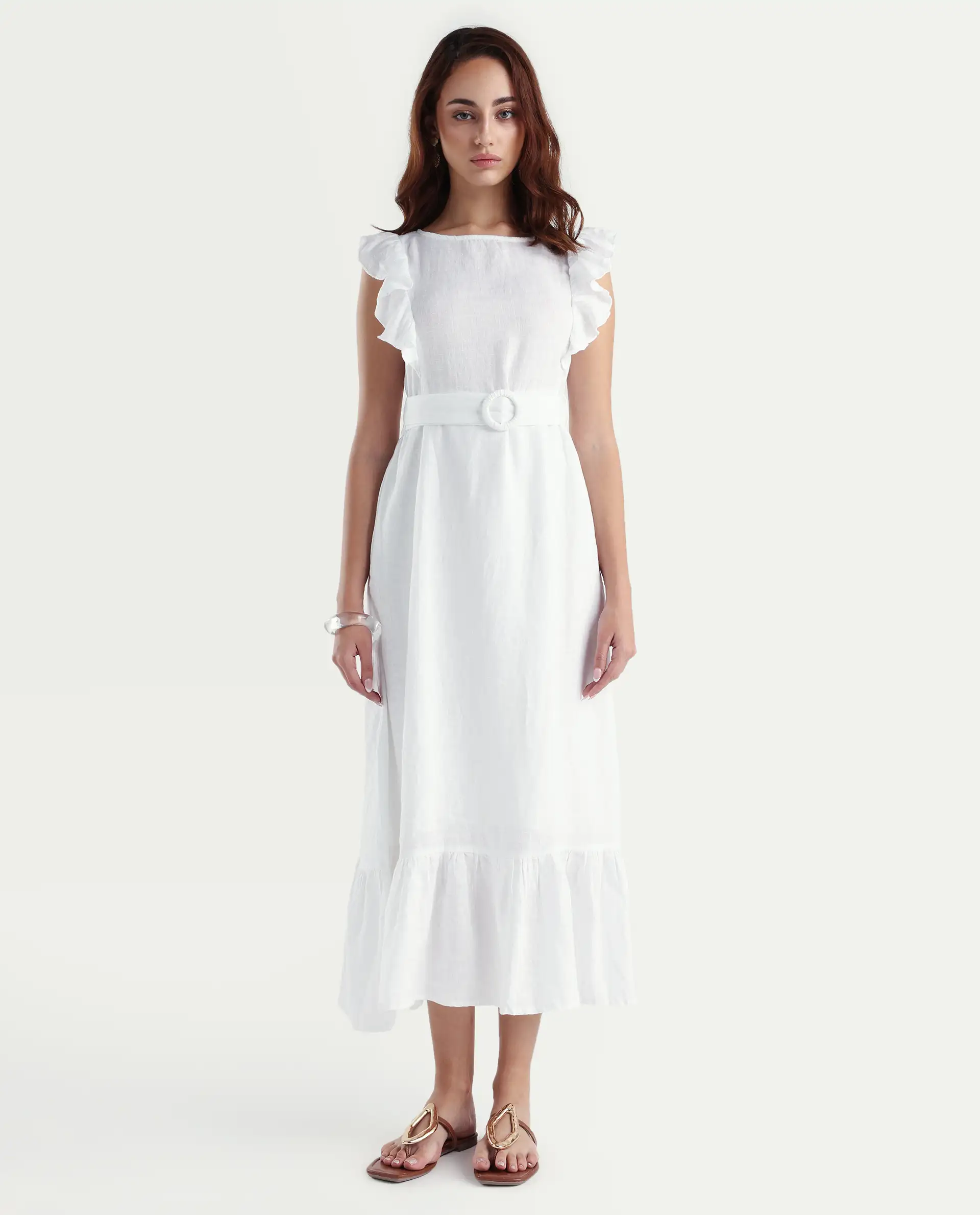Rareism Women's Anne White Linen Boat Neck Plain Ruffled Sleeve Maxi Regular Fit Dress - Image 3