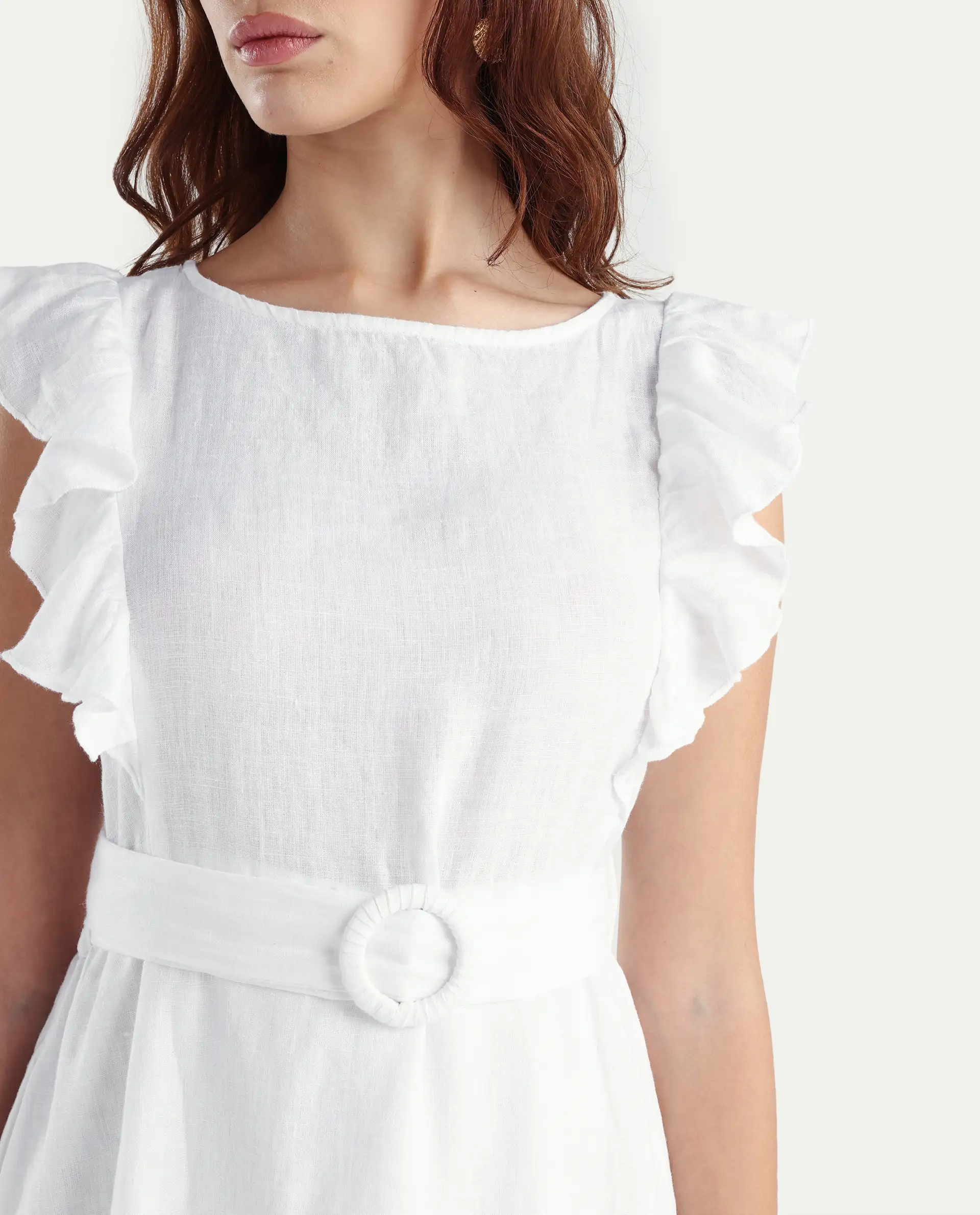 Rareism Women's Anne White Linen Boat Neck Plain Ruffled Sleeve Maxi Regular Fit Dress - Image 4