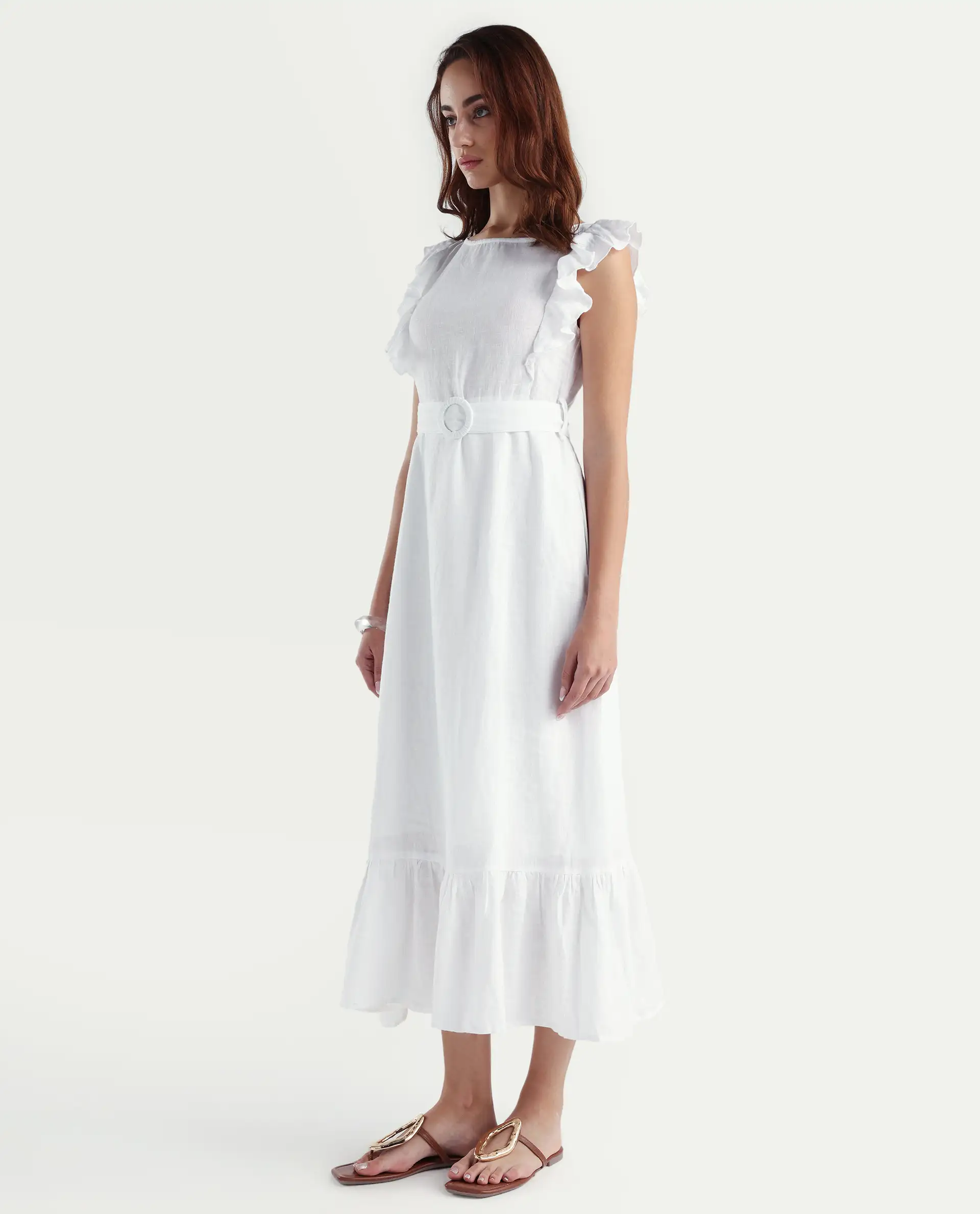 Rareism Women's Anne White Linen Boat Neck Plain Ruffled Sleeve Maxi Regular Fit Dress - Image 5