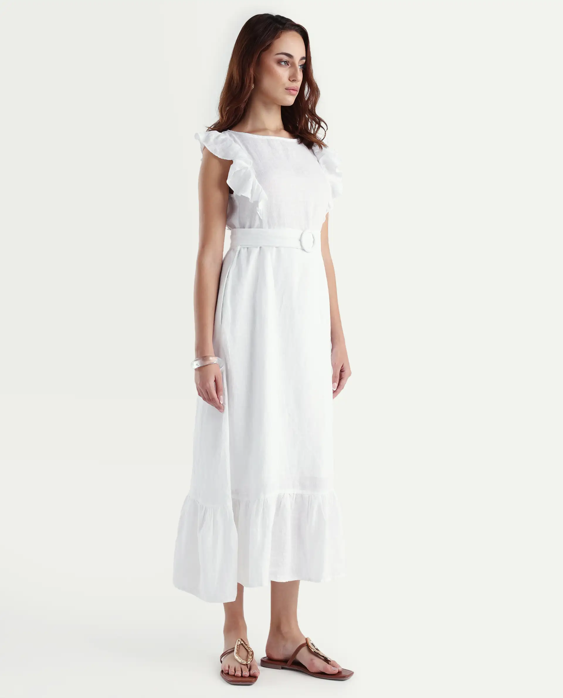 Rareism Women's Anne White Linen Boat Neck Plain Ruffled Sleeve Maxi Regular Fit Dress - Image 6