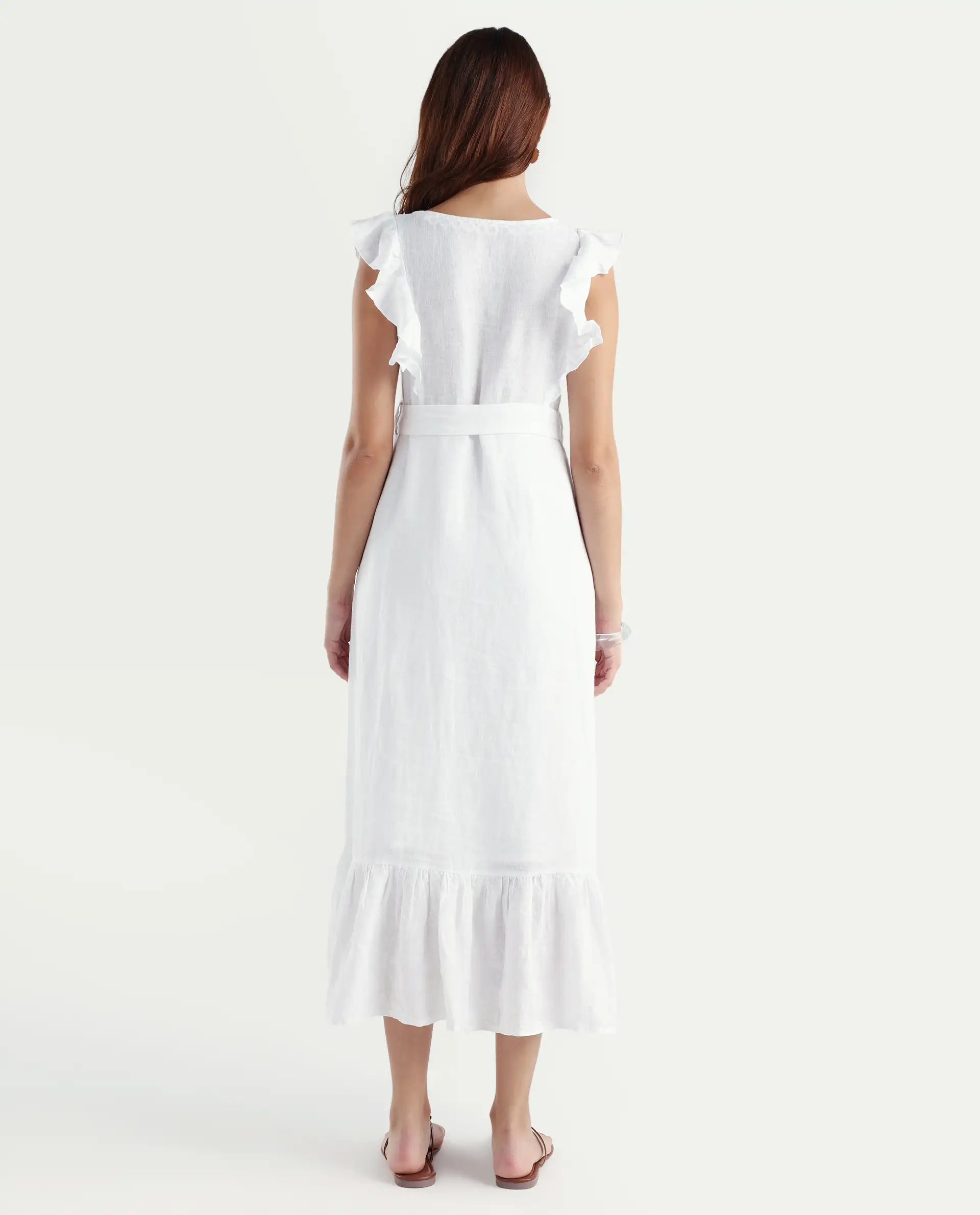 Rareism Women's Anne White Linen Boat Neck Plain Ruffled Sleeve Maxi Regular Fit Dress - Image 7