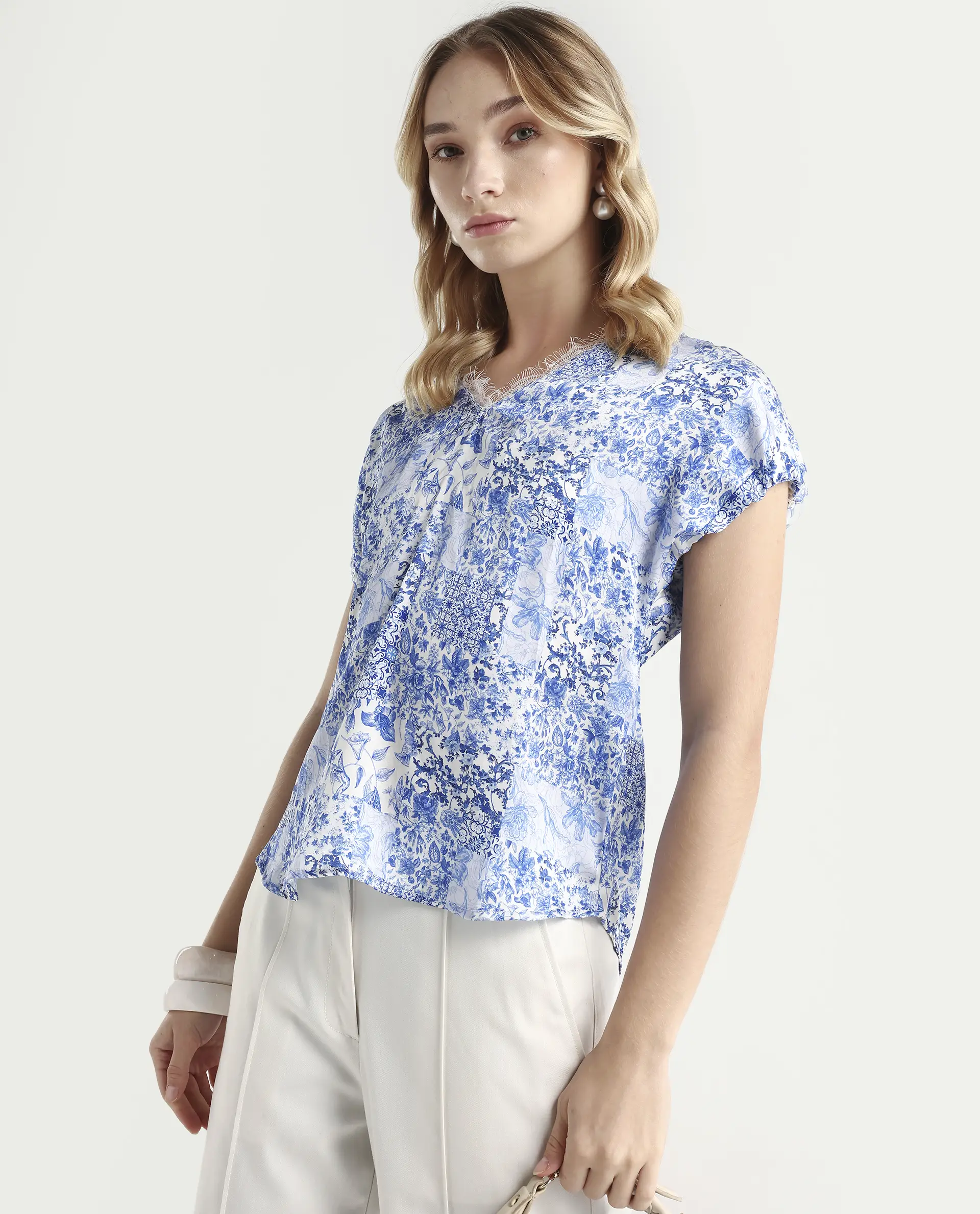 Rareism Women's Annika Blue Polyester V-Neck Abstract Print Extended Sleeves Regular Fit Top - Image 4