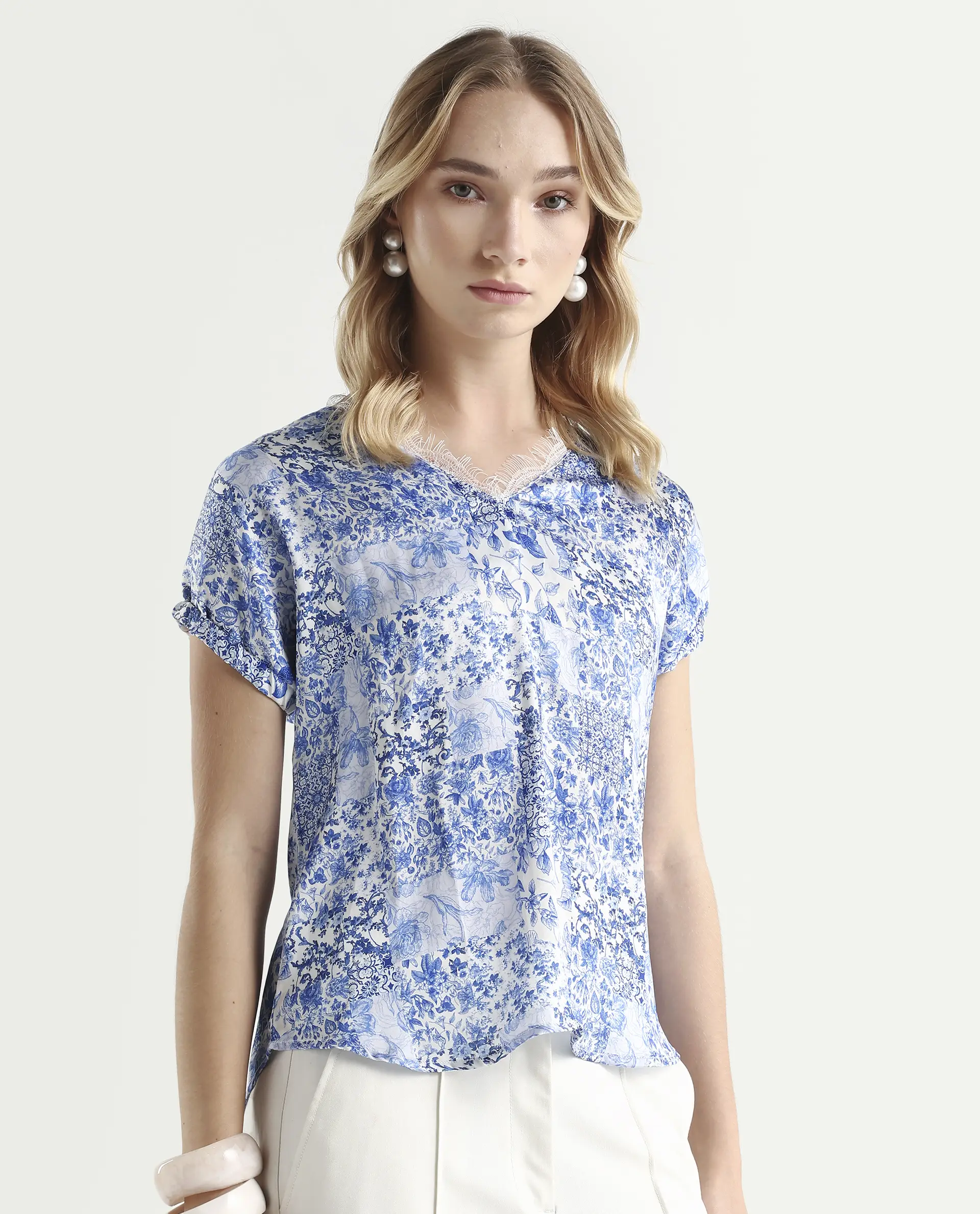 Rareism Women's Annika Blue Polyester V-Neck Abstract Print Extended Sleeves Regular Fit Top - Image 6