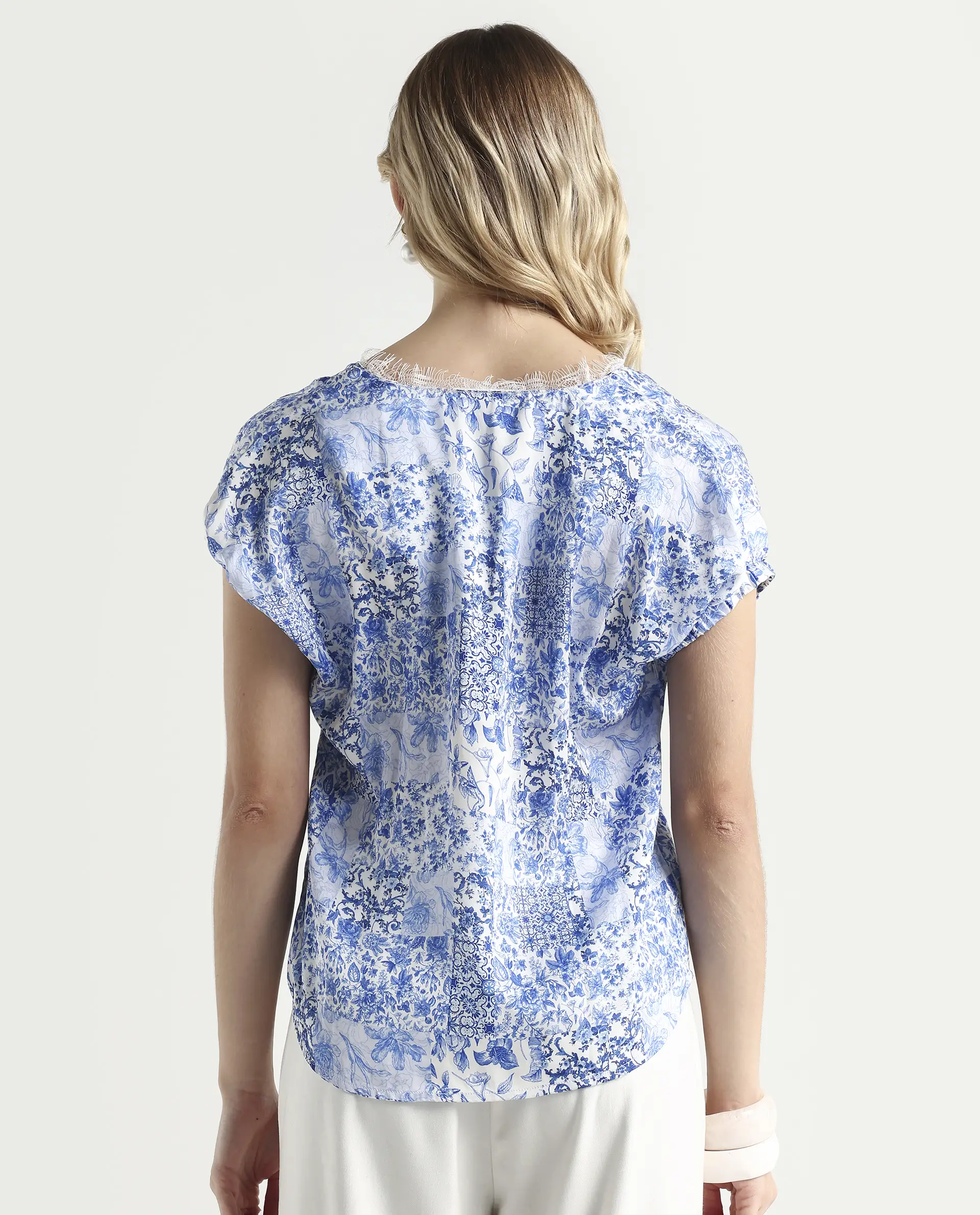 Rareism Women's Annika Blue Polyester V-Neck Abstract Print Extended Sleeves Regular Fit Top - Image 7