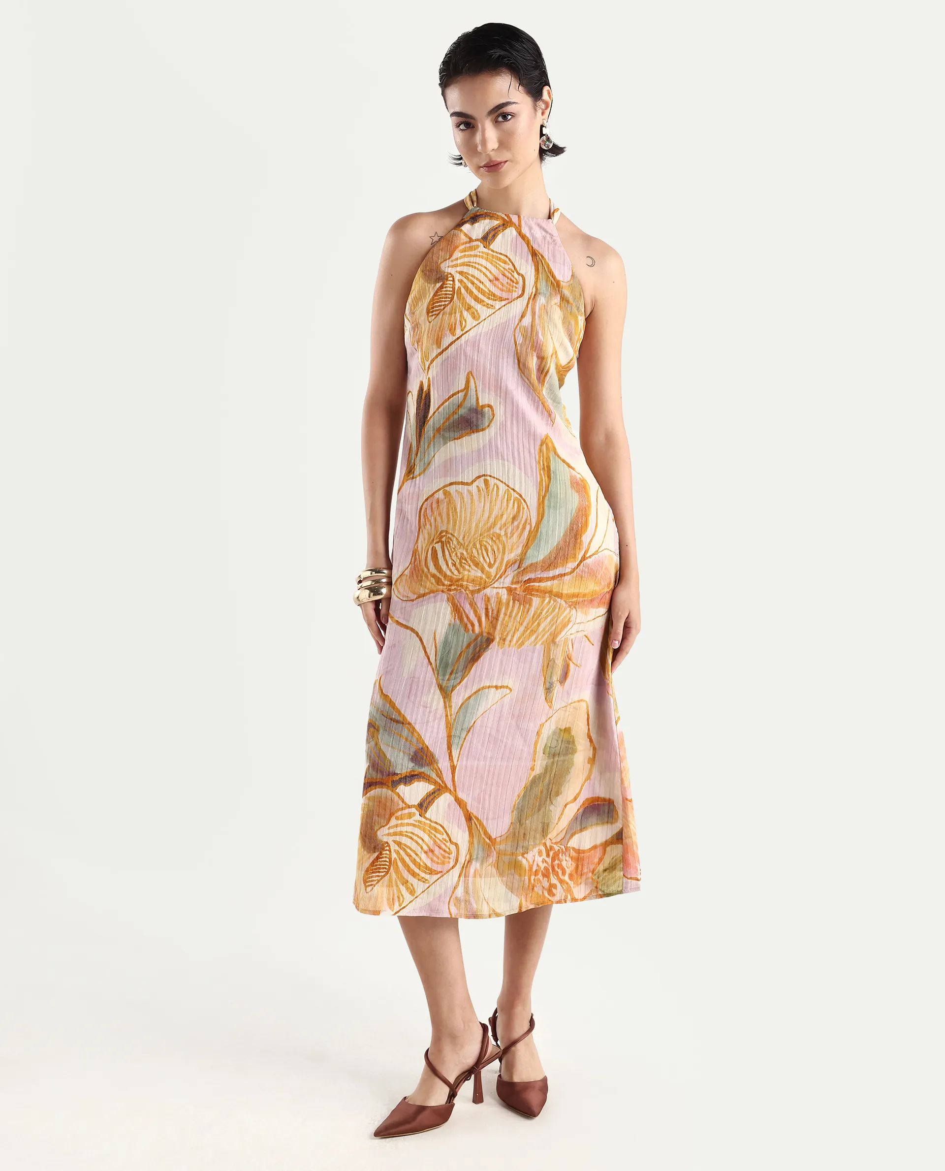 Rareism Women's Anoy Pastel Purple Polyester Sleeveless Halter Neck A-Line Dress - Image 2
