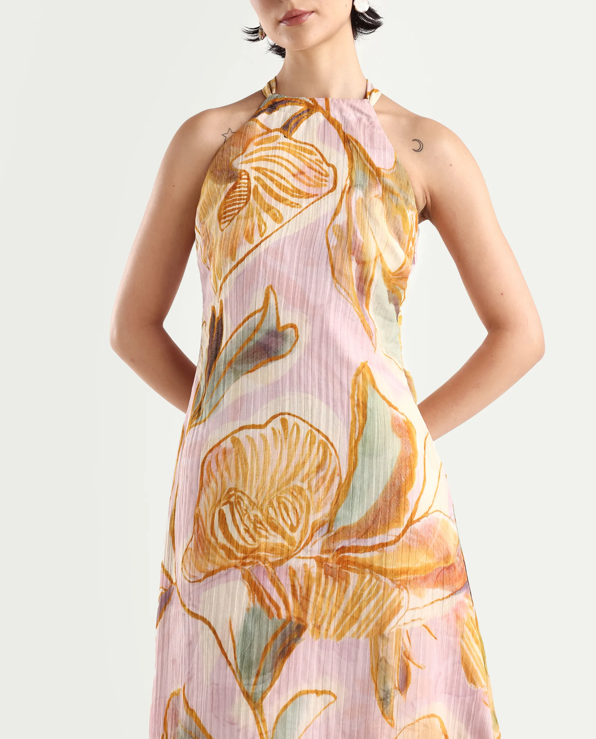 Rareism Women's Anoy Pastel Purple Polyester Sleeveless Halter Neck A-Line Dress - Image 4