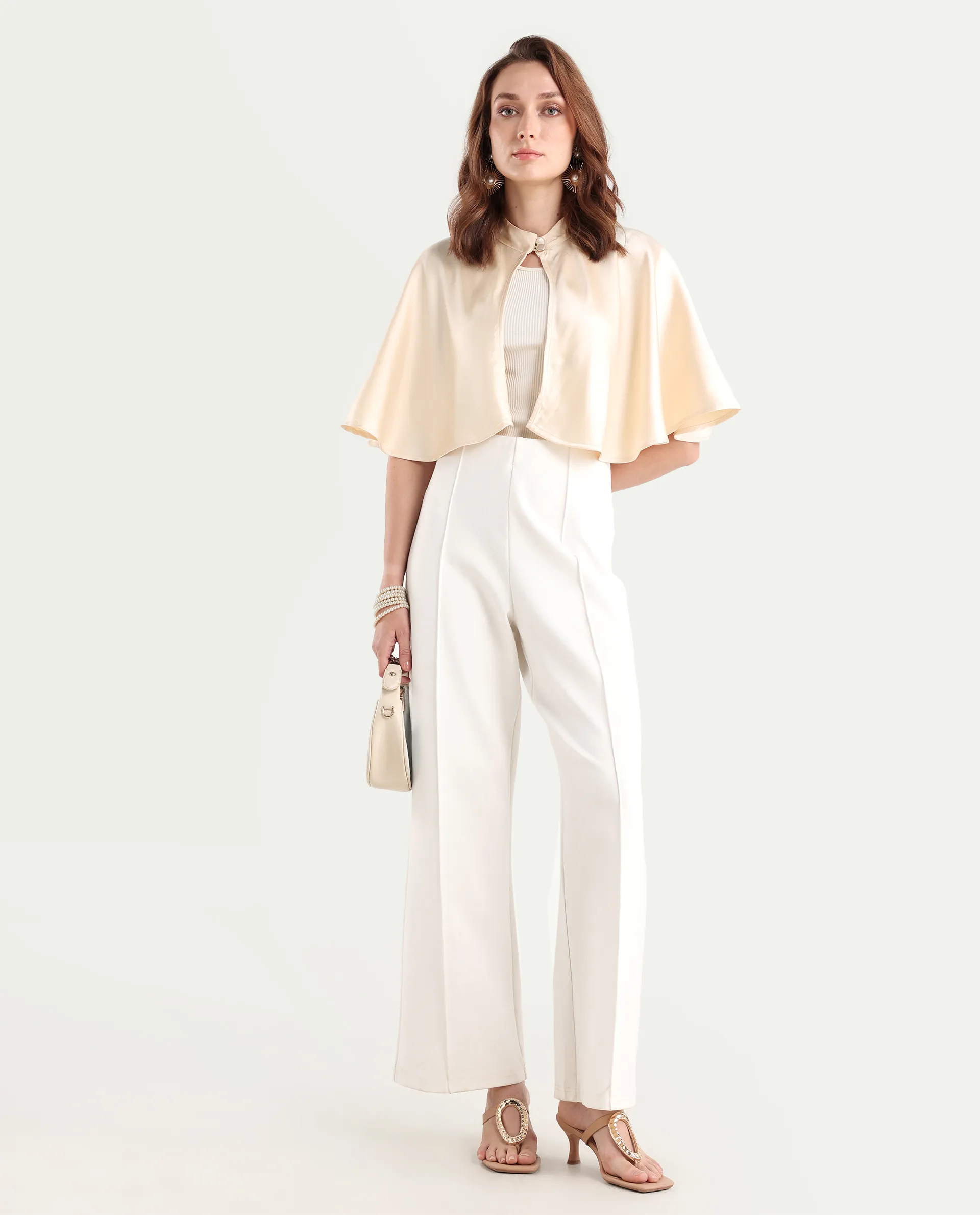 Rareism Women's Antali Beige Satin High Neck Plain Cape Sleeve Crop Boxy Fit Jacket - Image 2