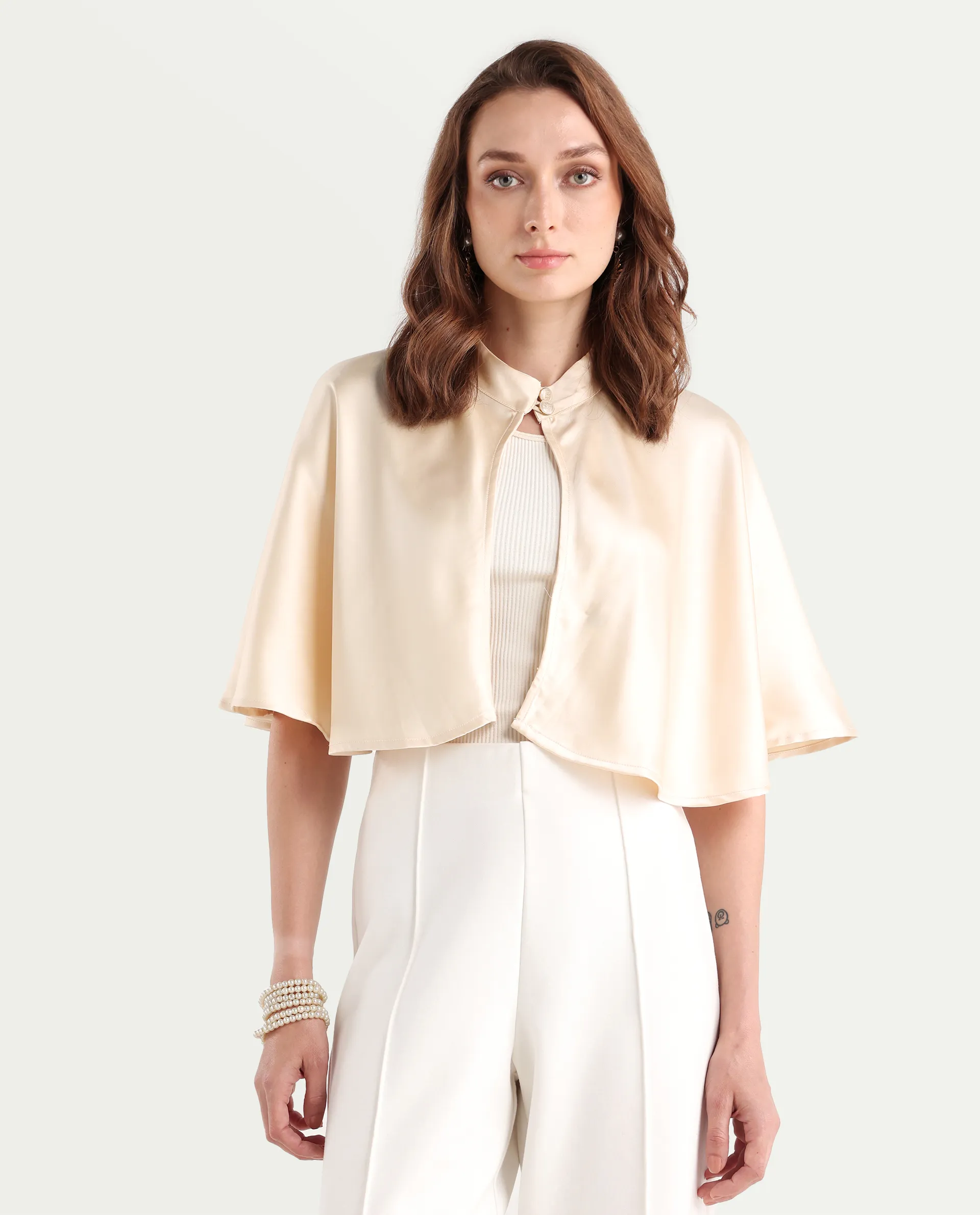 Rareism Women's Antali Beige Satin High Neck Plain Cape Sleeve Crop Boxy Fit Jacket - Image 3
