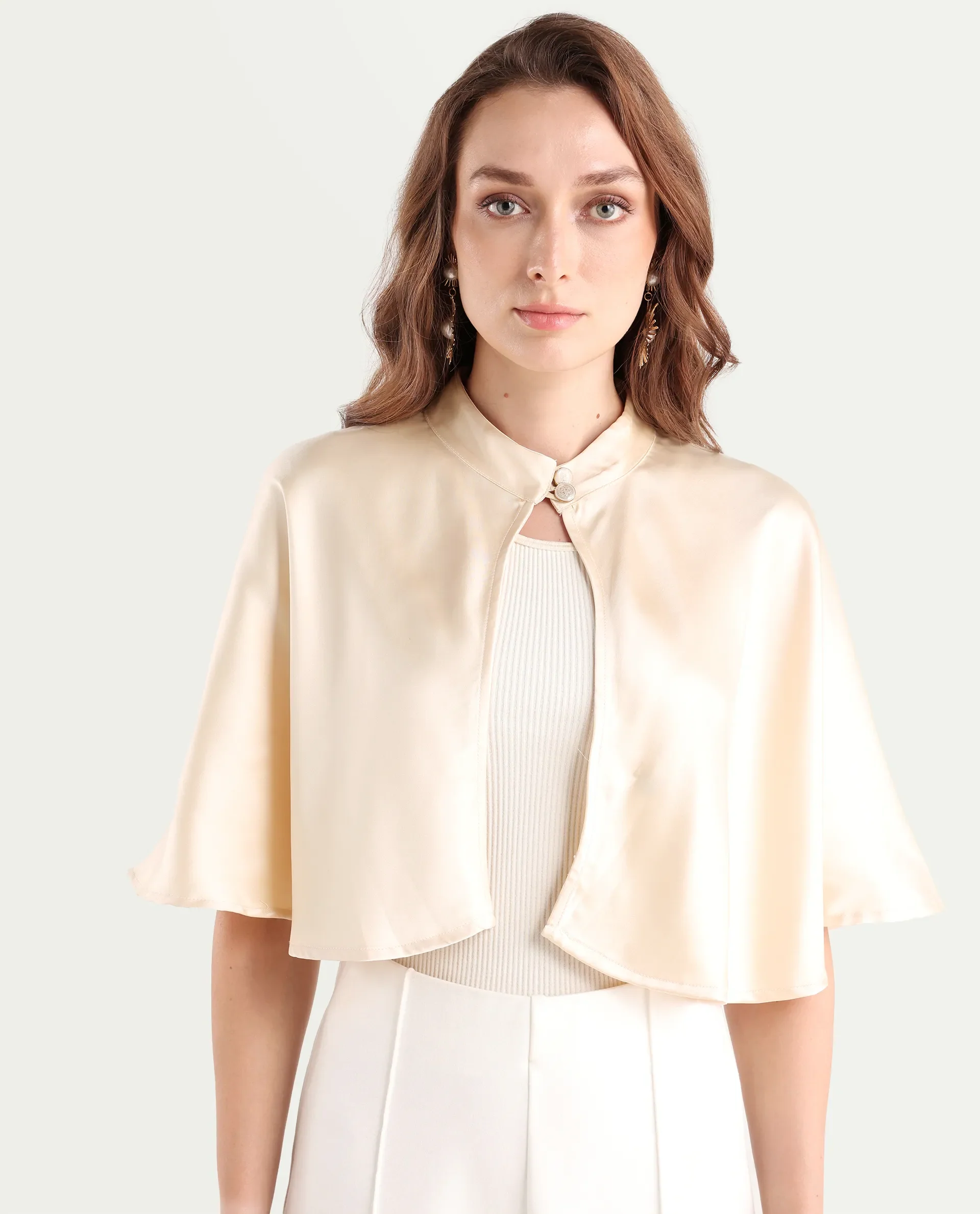 Rareism Women's Antali Beige Satin High Neck Plain Cape Sleeve Crop Boxy Fit Jacket - Image 4