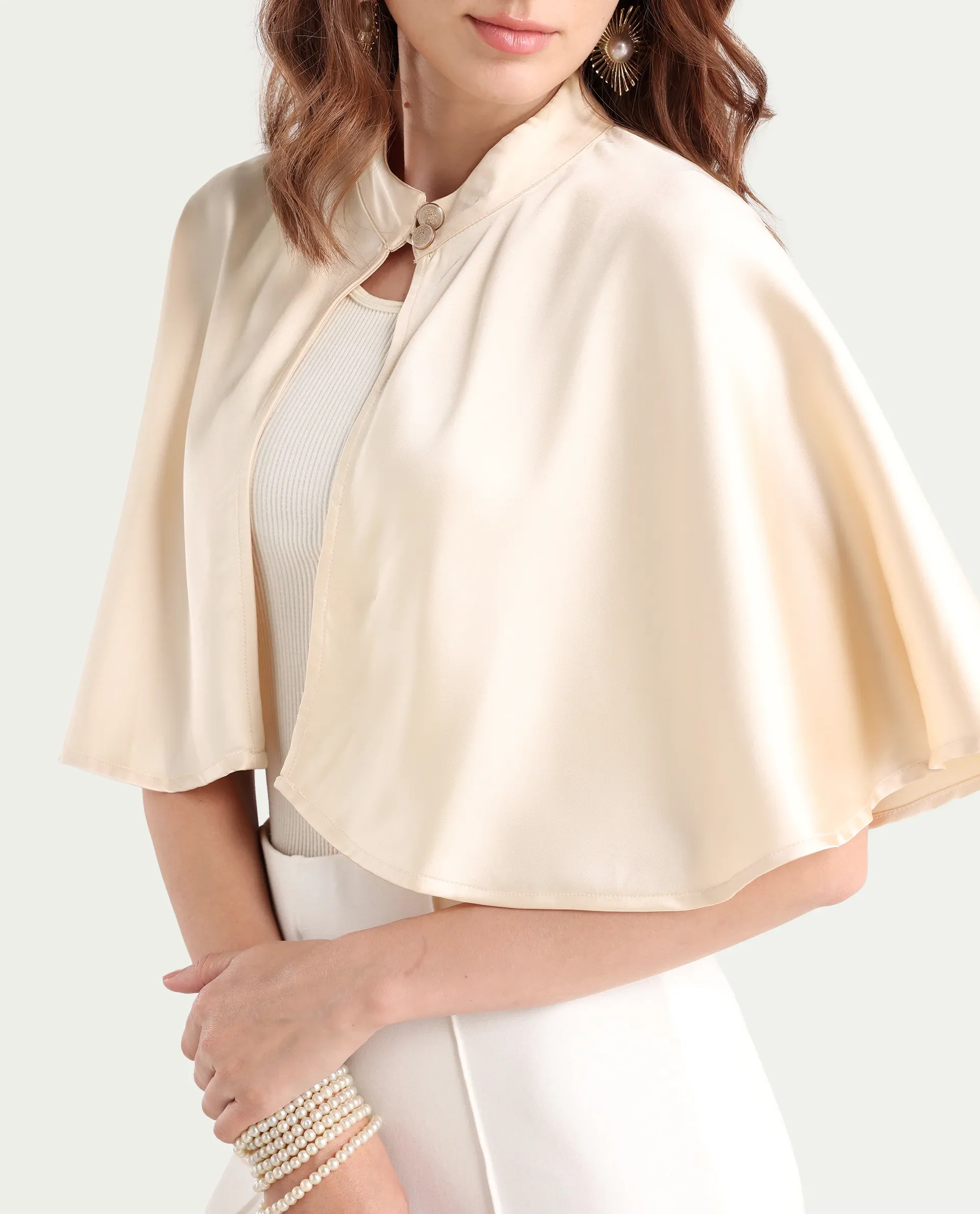 Rareism Women's Antali Beige Satin High Neck Plain Cape Sleeve Crop Boxy Fit Jacket - Image 5