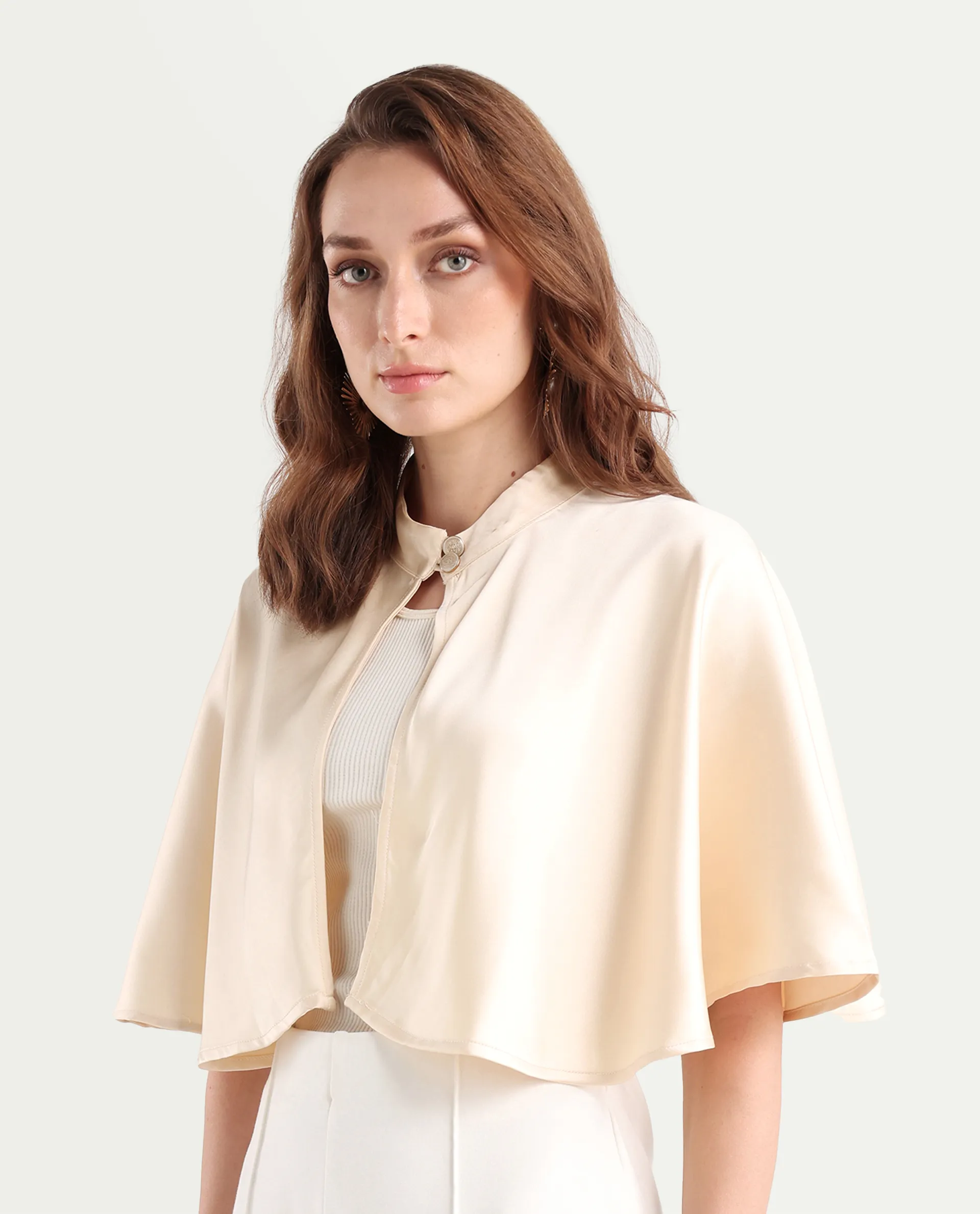 Rareism Women's Antali Beige Satin High Neck Plain Cape Sleeve Crop Boxy Fit Jacket - Image 6
