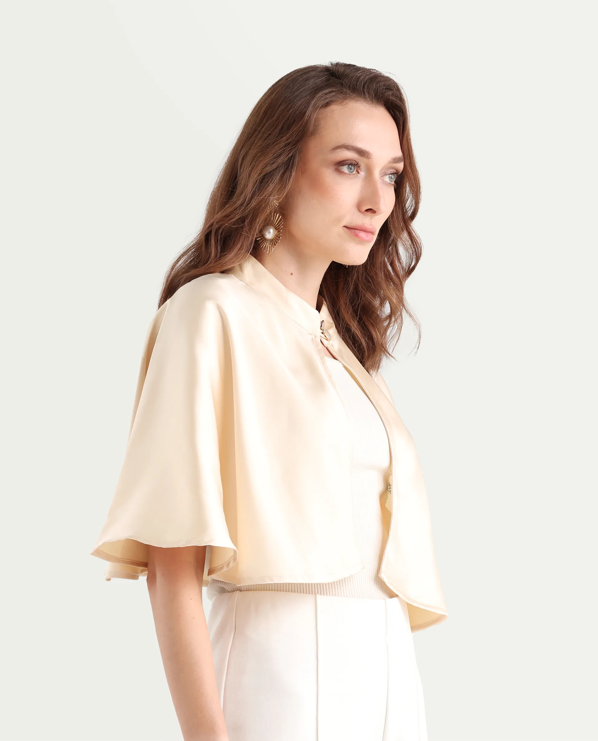 Rareism Women's Antali Beige Satin High Neck Plain Cape Sleeve Crop Boxy Fit Jacket - Image 7