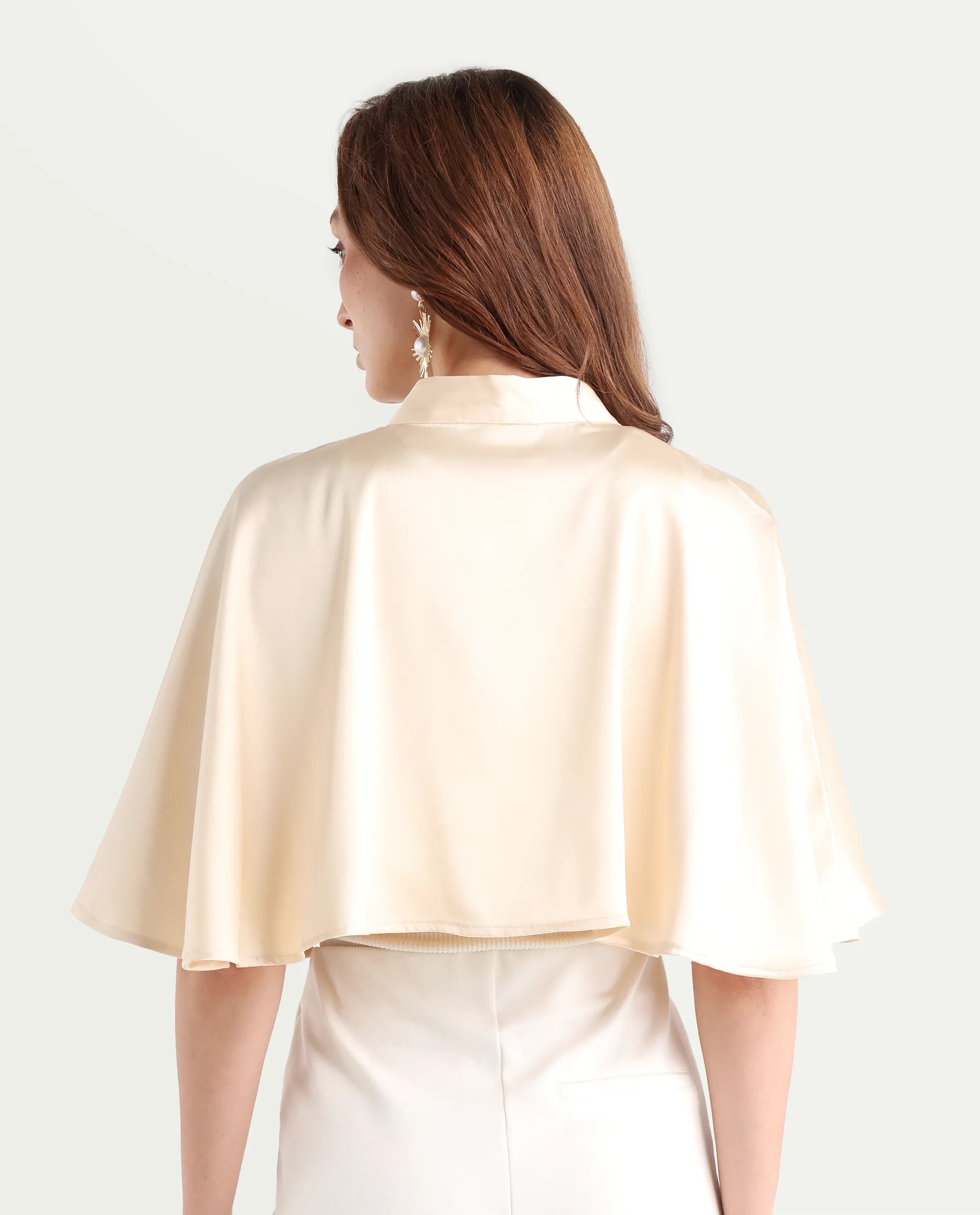 Rareism Women's Antali Beige Satin High Neck Plain Cape Sleeve Crop Boxy Fit Jacket - Image 8