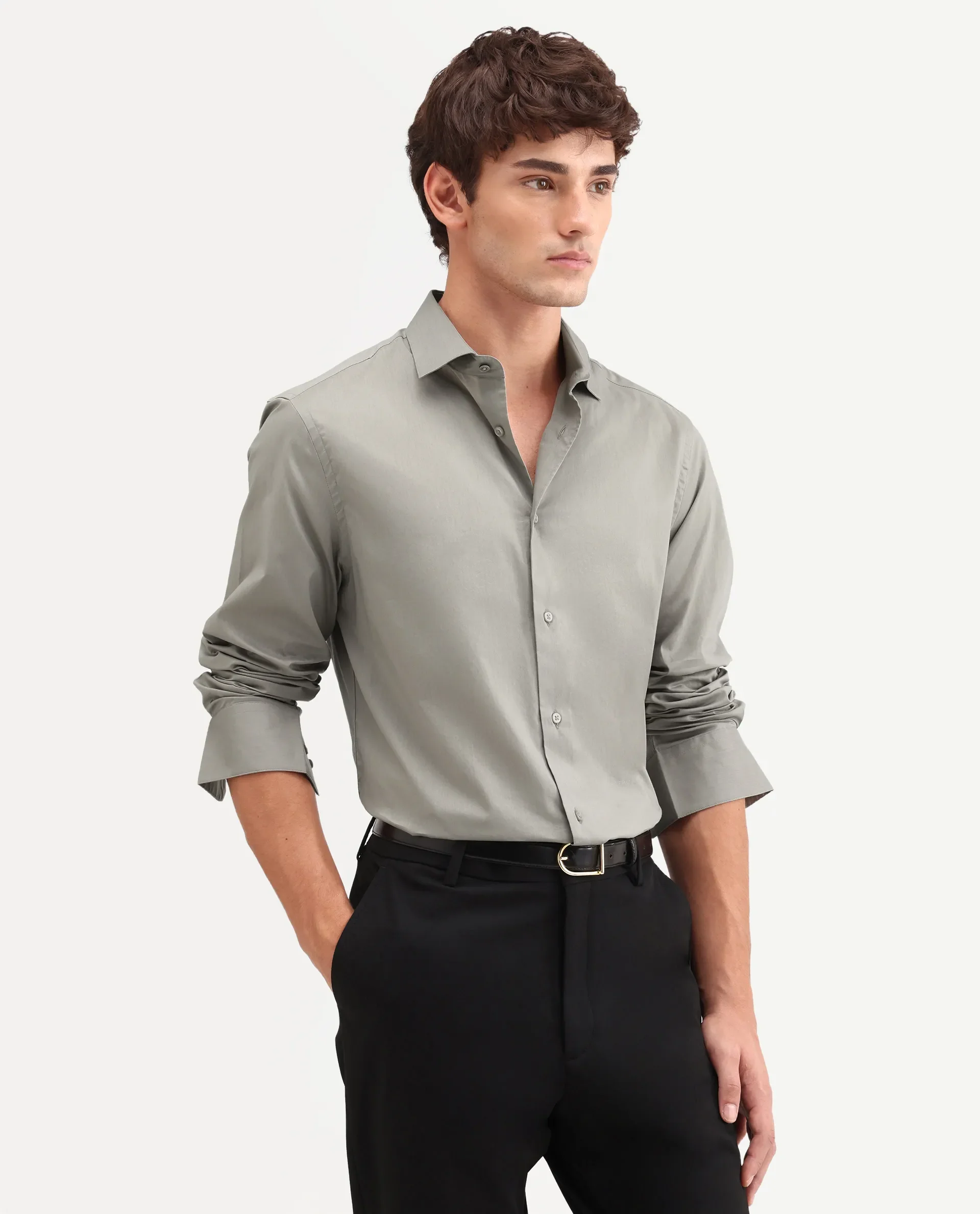 Rare Rabbit Men's Antec Grey Cotton Blend Fabric Full Sleeve Regular Fit Plain Shirt - Image 4
