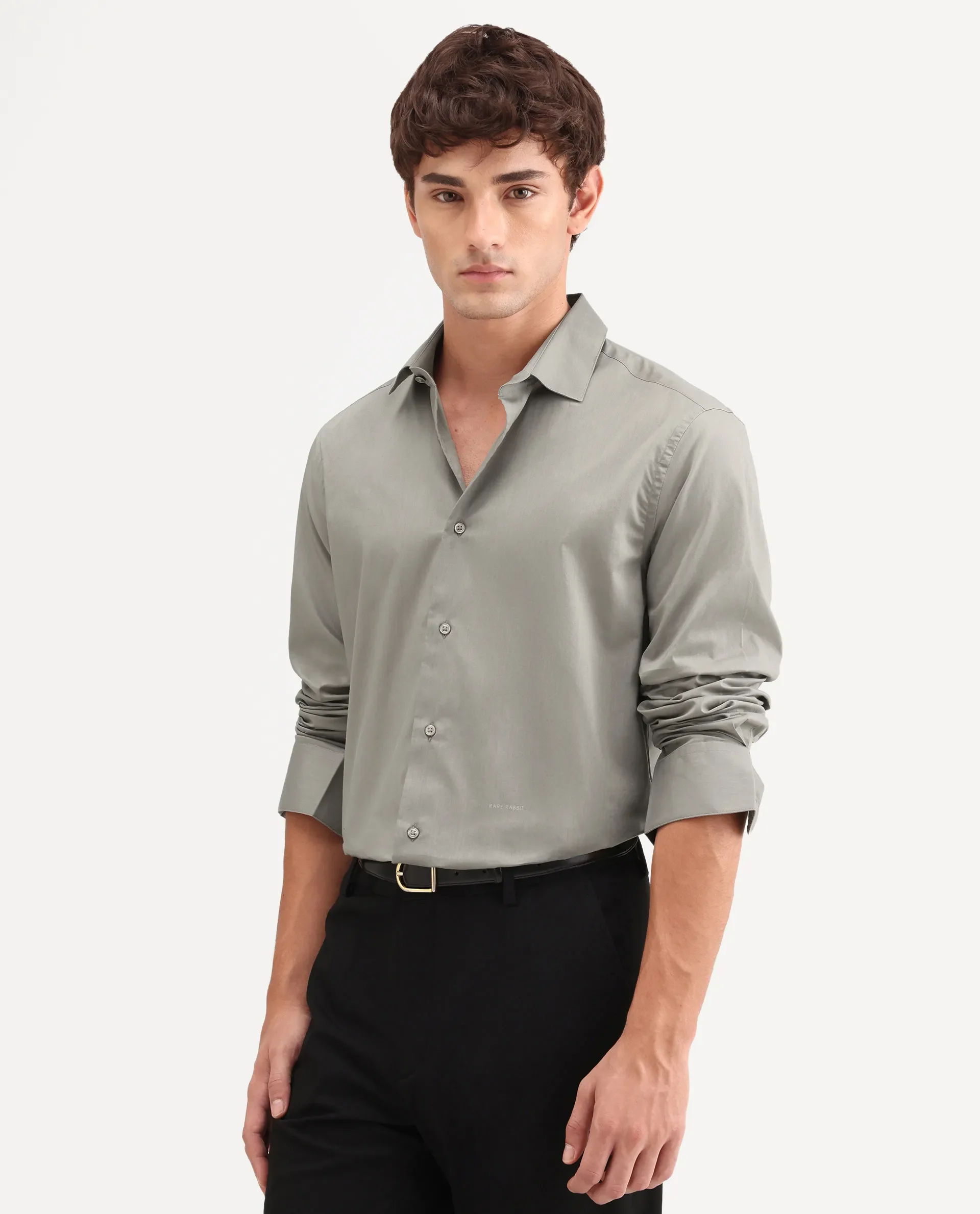 Rare Rabbit Men's Antec Grey Cotton Blend Fabric Full Sleeve Regular Fit Plain Shirt - Image 5