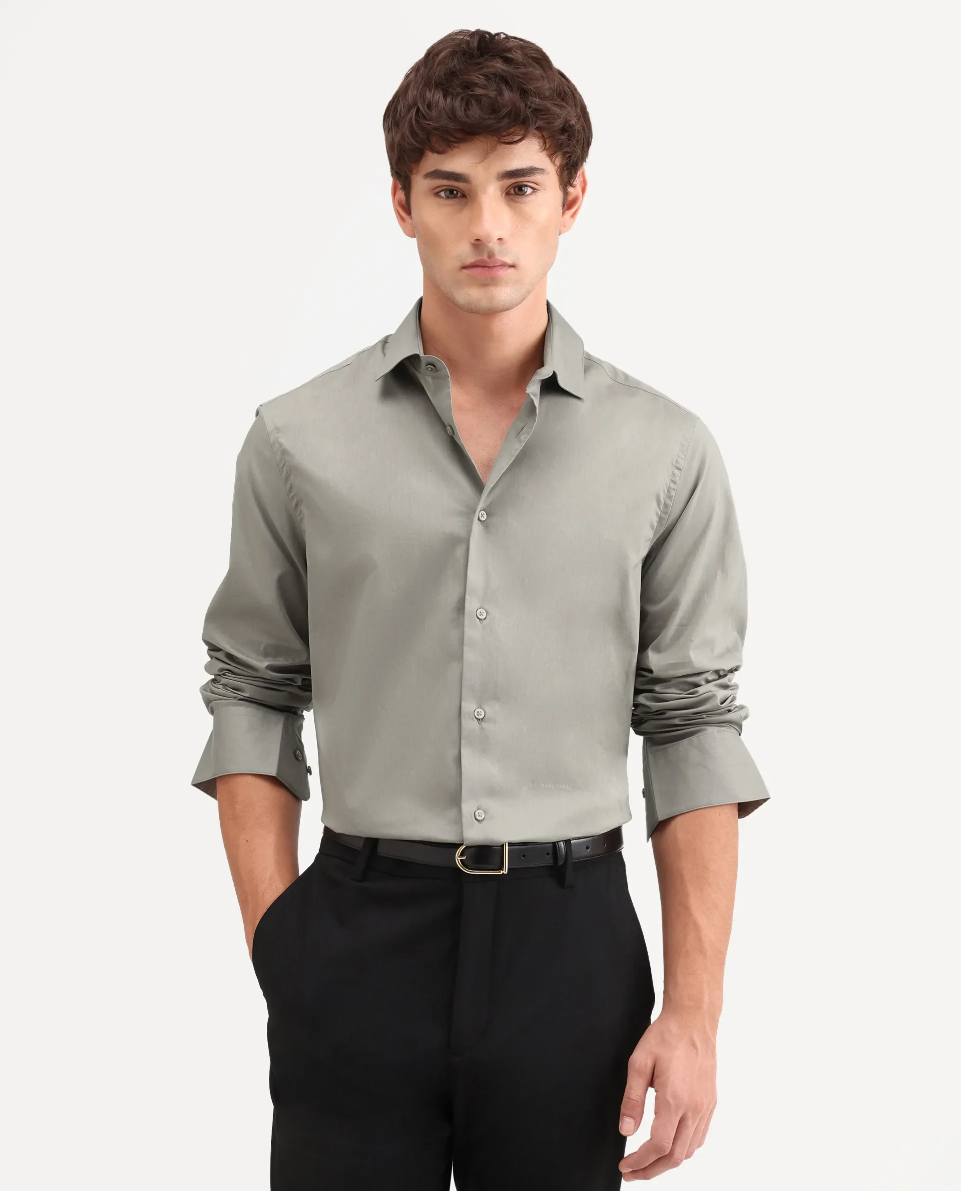 Rare Rabbit Men's Antec Grey Cotton Blend Fabric Full Sleeve Regular Fit Plain Shirt - Image 7
