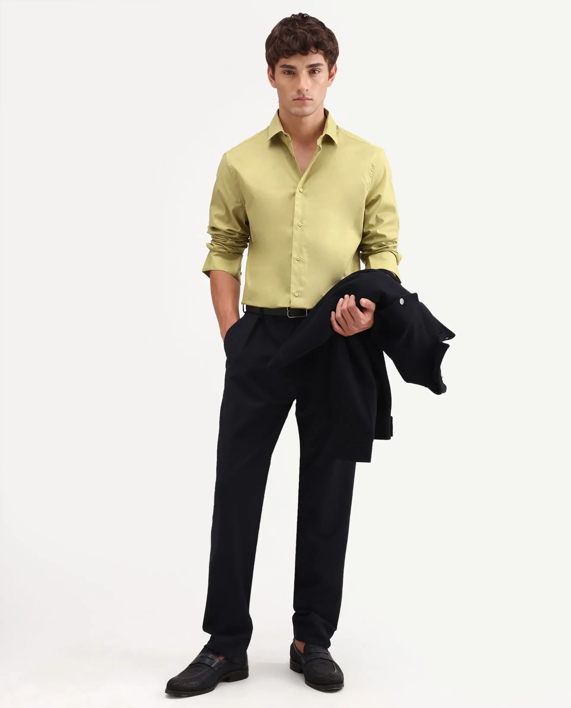 Rare Rabbit Men's Antec Yellow Cotton Blend Fabric Full Sleeve Regular Fit Plain Shirt - Image 2