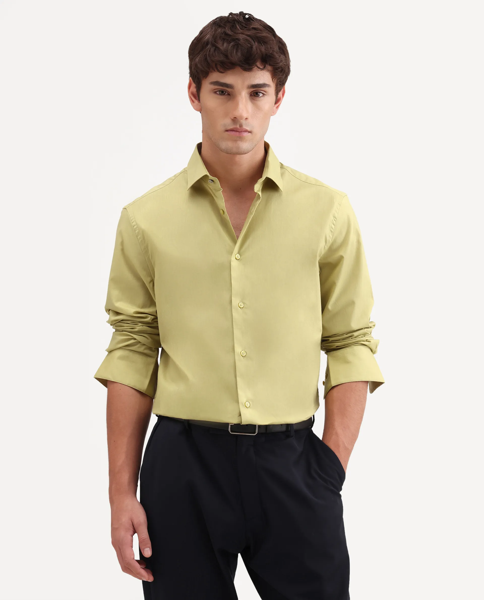 Rare Rabbit Men's Antec Yellow Cotton Blend Fabric Full Sleeve Regular Fit Plain Shirt - Image 4