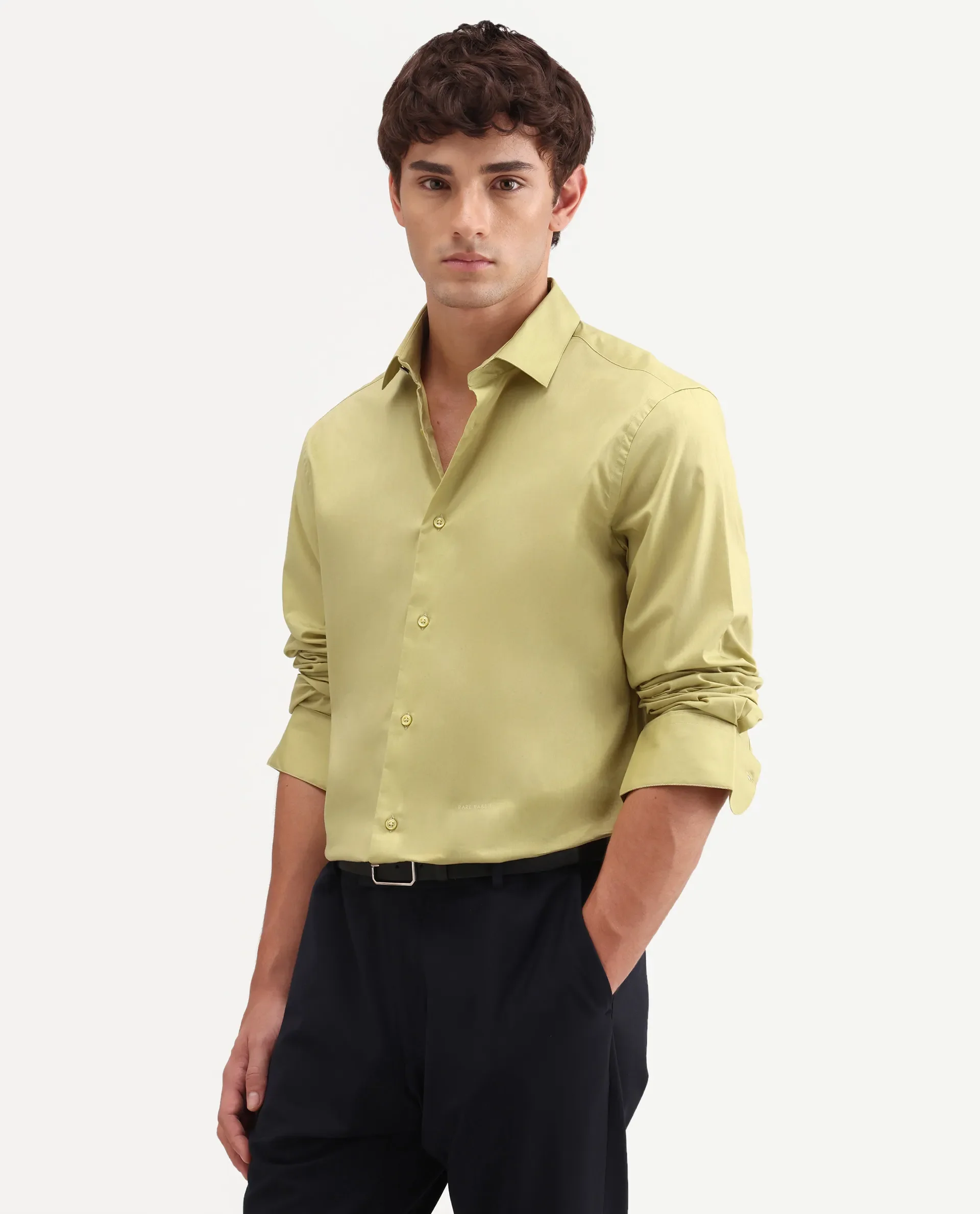 Rare Rabbit Men's Antec Yellow Cotton Blend Fabric Full Sleeve Regular Fit Plain Shirt - Image 5