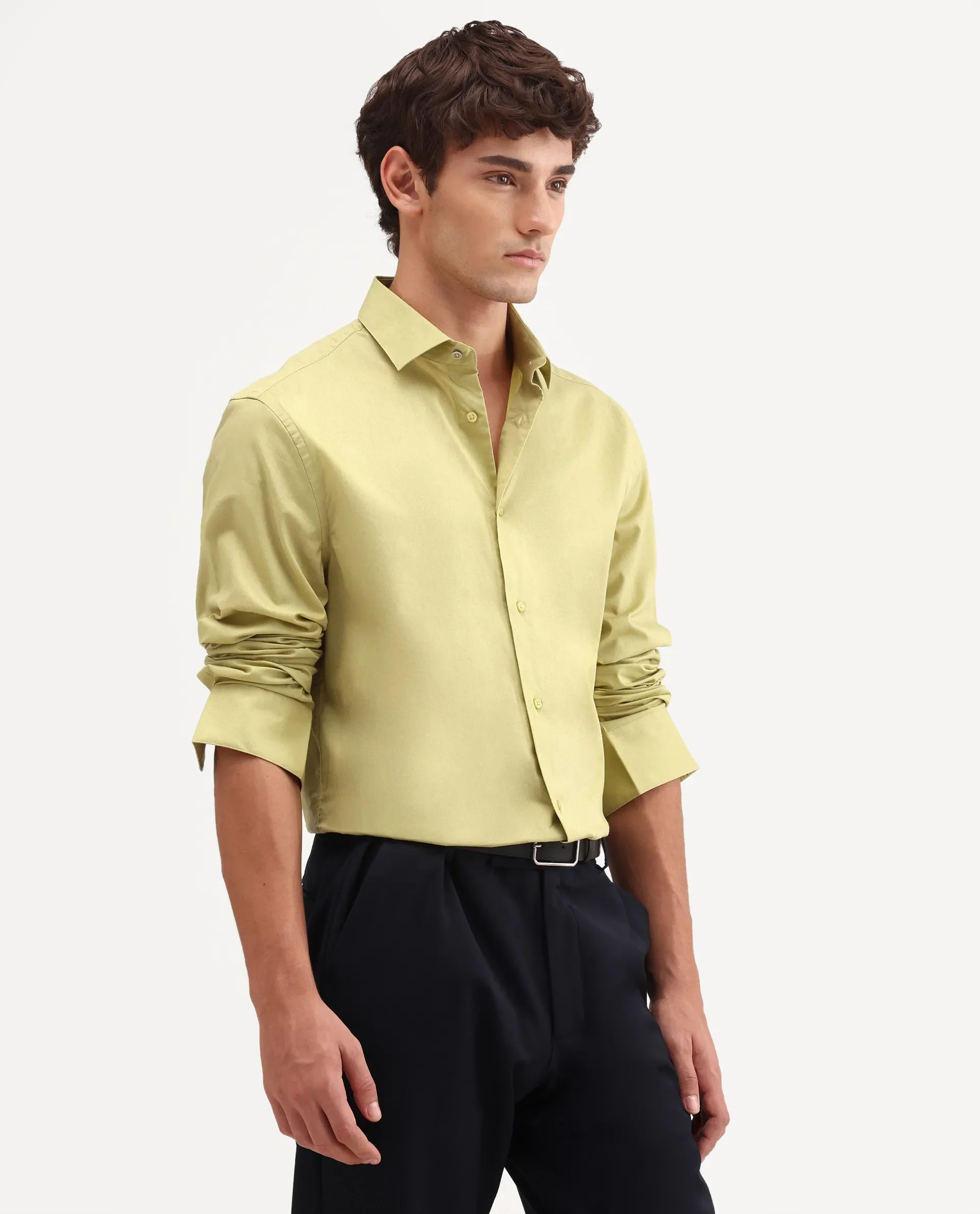 Rare Rabbit Men's Antec Yellow Cotton Blend Fabric Full Sleeve Regular Fit Plain Shirt - Image 6