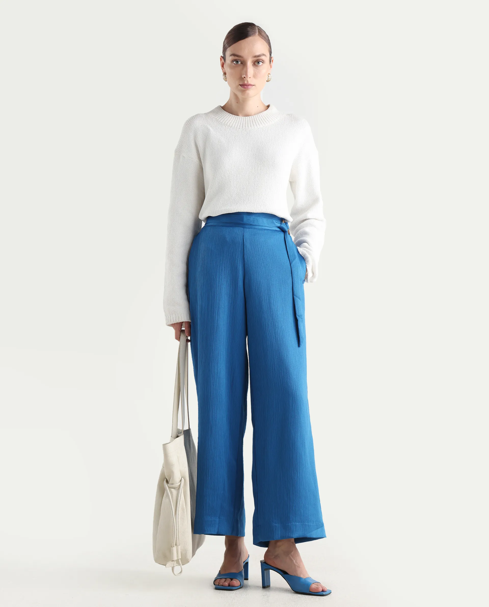 Rareism Women's Antela Blue Polyester Plain Ankle Length Wide Trouser