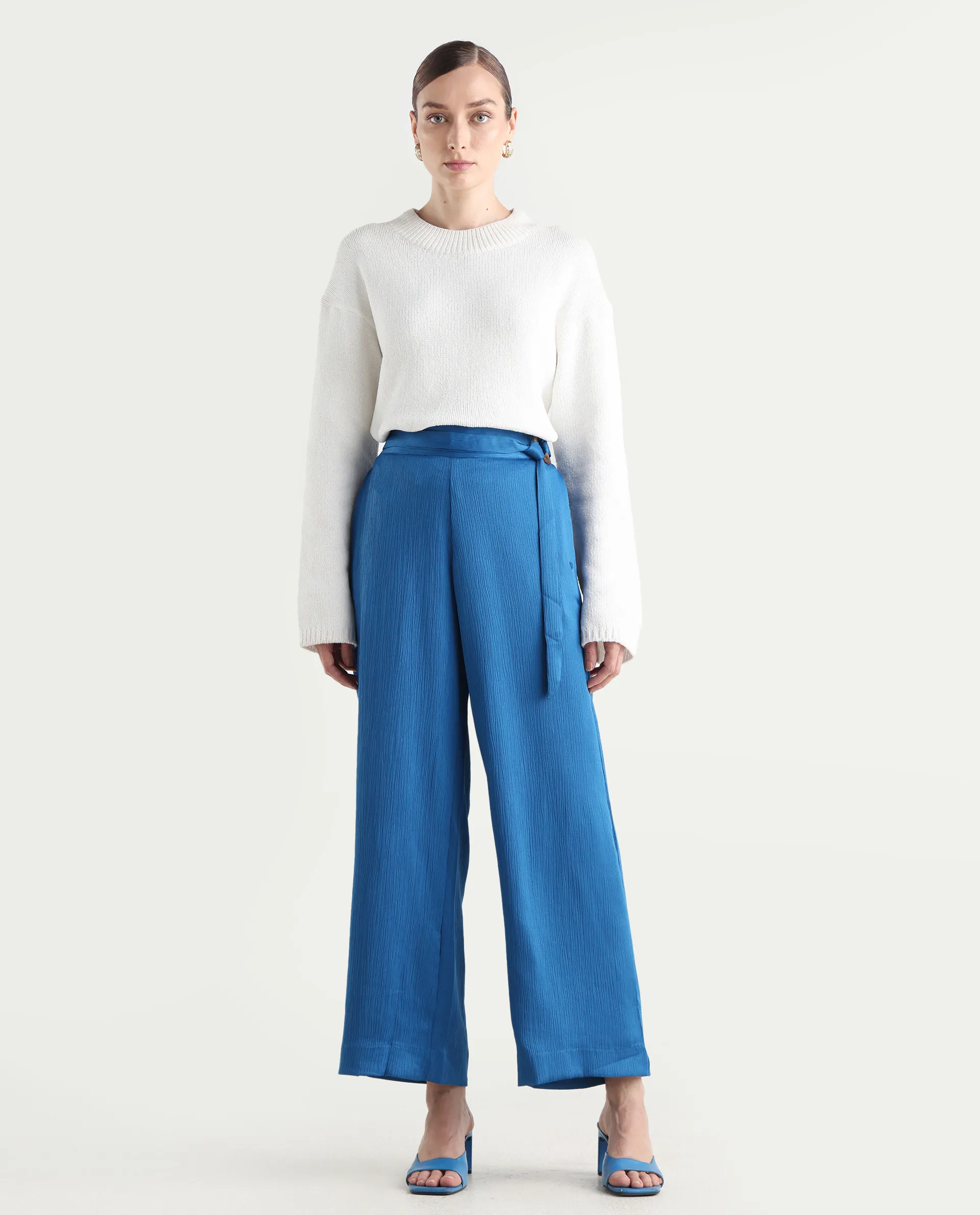 Rareism Women's Antela Blue Polyester Plain Ankle Length Wide Trouser - Image 2