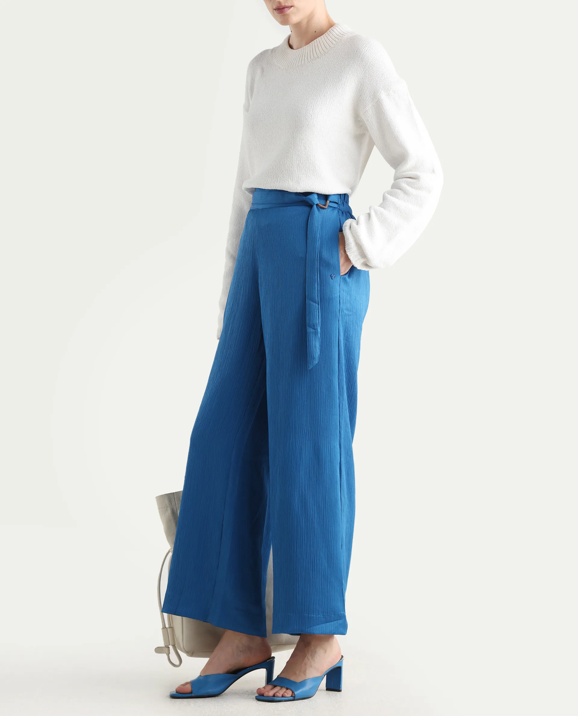 Rareism Women's Antela Blue Polyester Plain Ankle Length Wide Trouser - Image 3