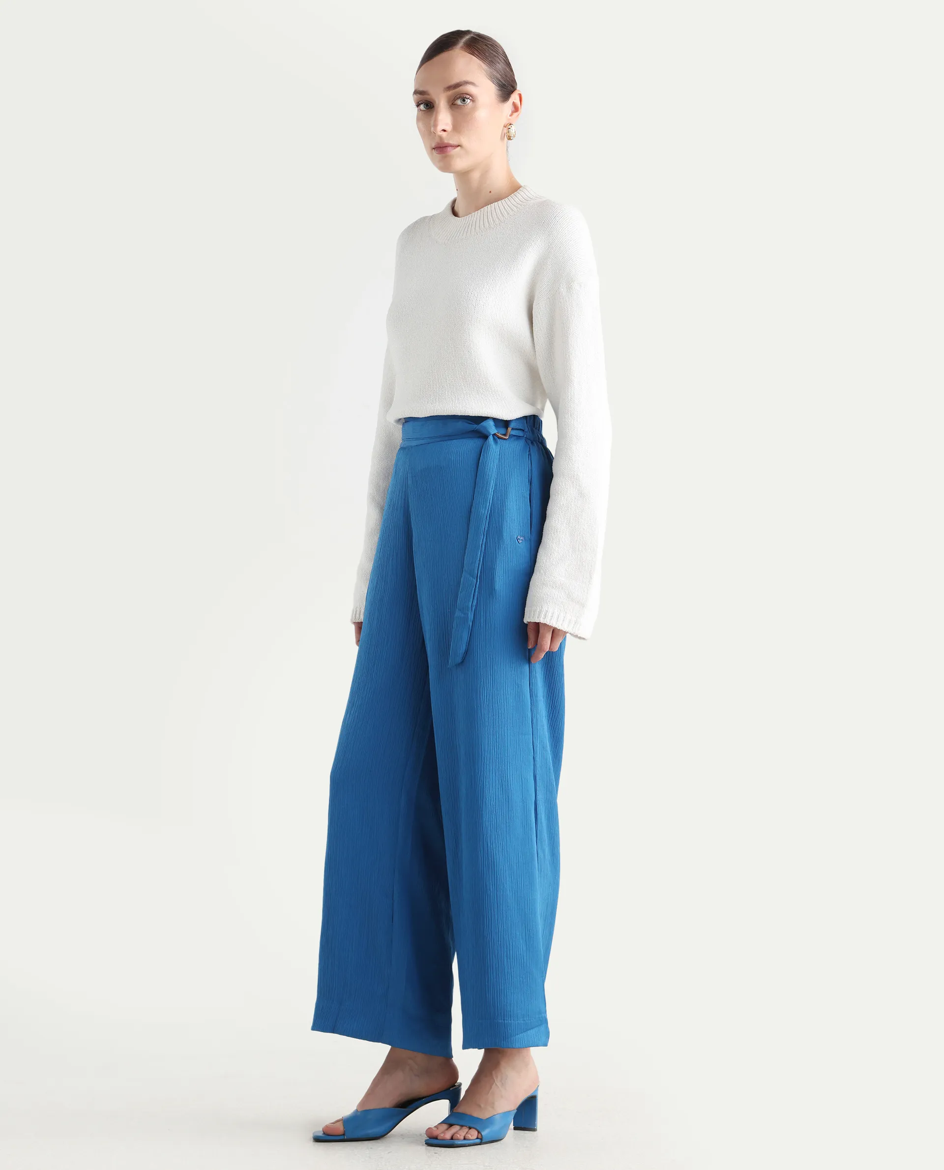 Rareism Women's Antela Blue Polyester Plain Ankle Length Wide Trouser - Image 6