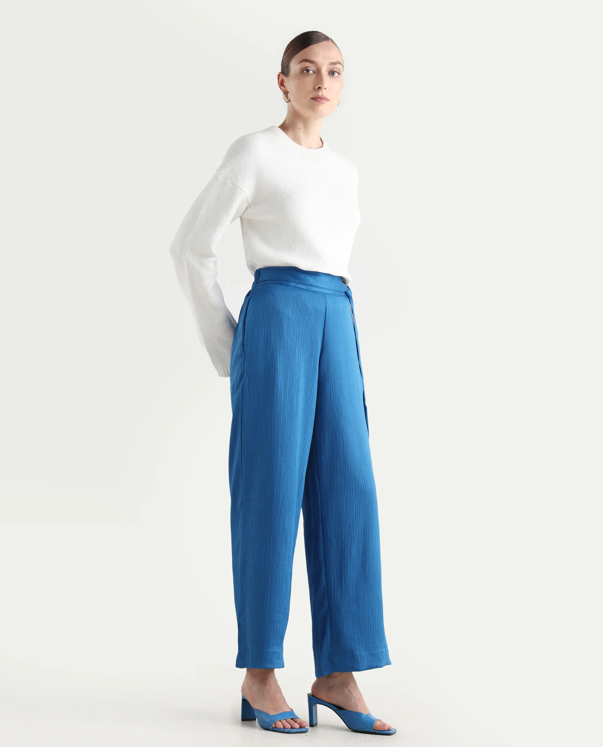 Rareism Women's Antela Blue Polyester Plain Ankle Length Wide Trouser - Image 7