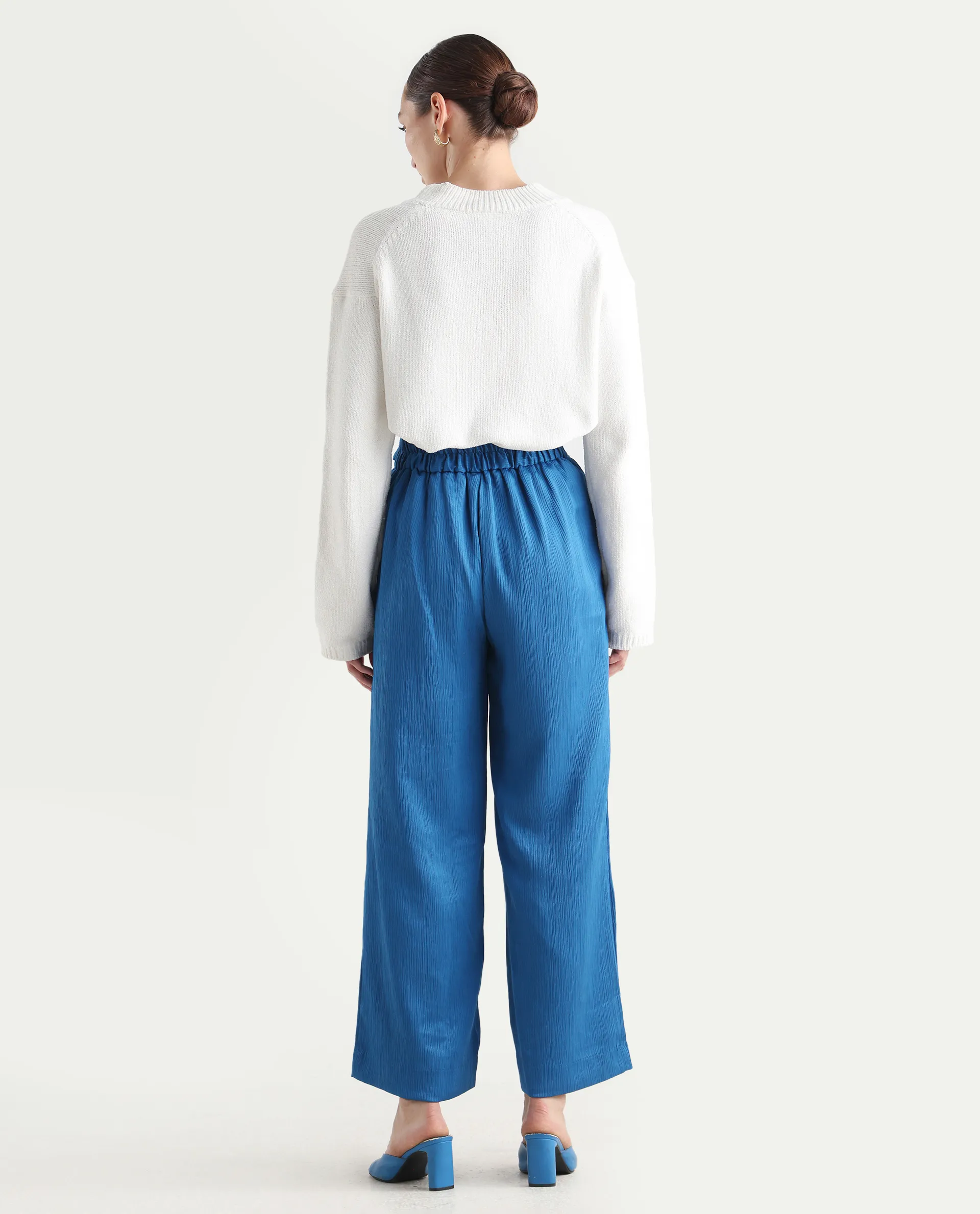 Rareism Women's Antela Blue Polyester Plain Ankle Length Wide Trouser - Image 8