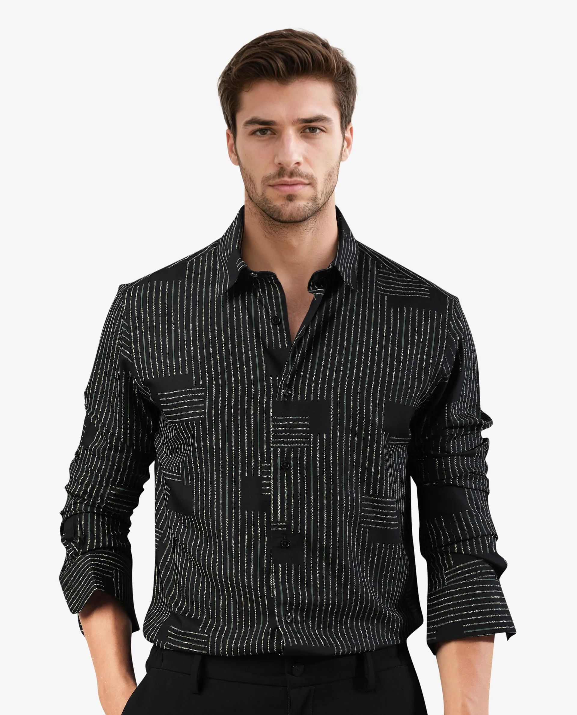Rare Rabbit Men's Anthem Black Viscose Geometric Print Regular Fit Full Sleeve Collared Shirt