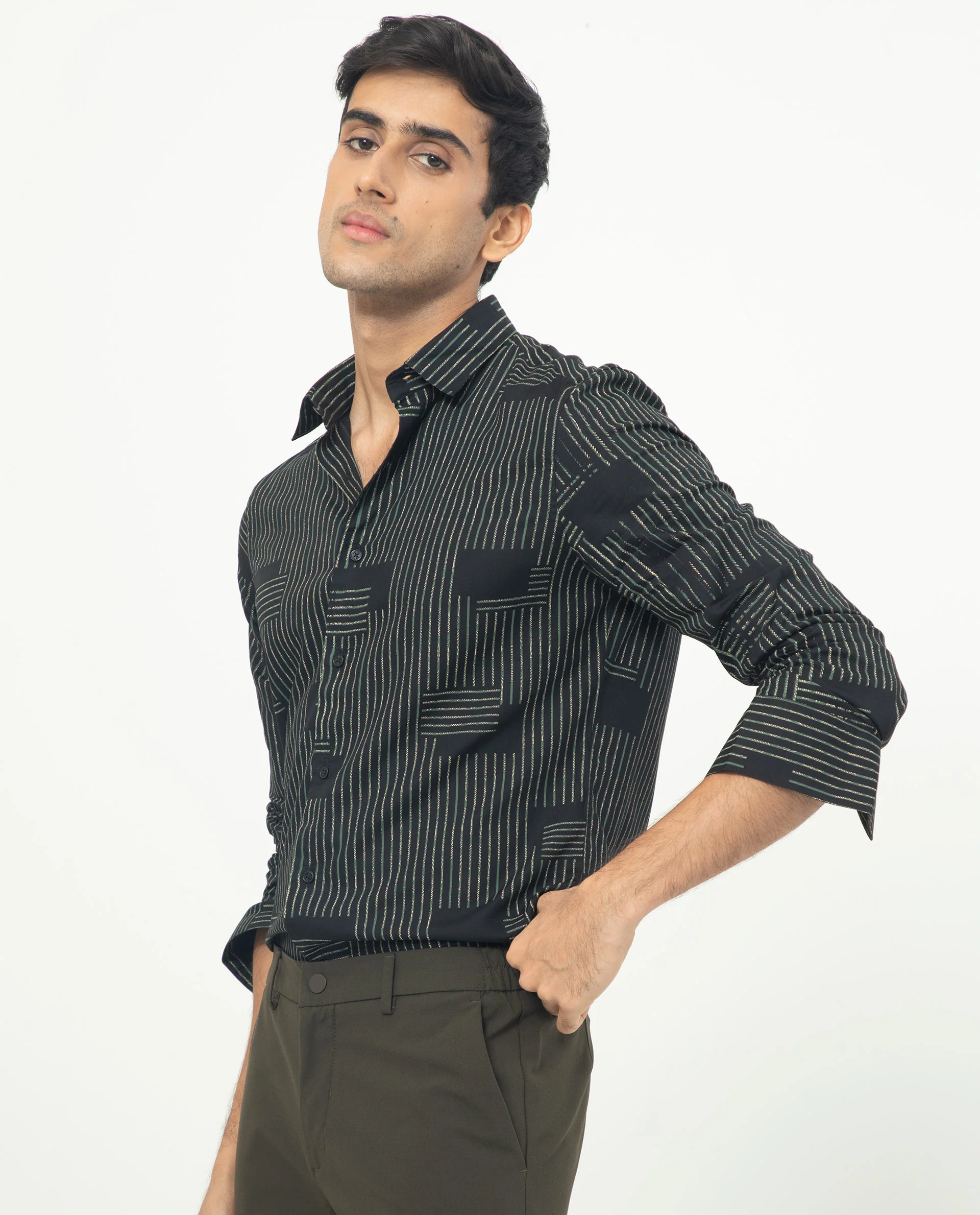 Rare Rabbit Men's Anthem Black Viscose Geometric Print Regular Fit Full Sleeve Collared Shirt - Image 4