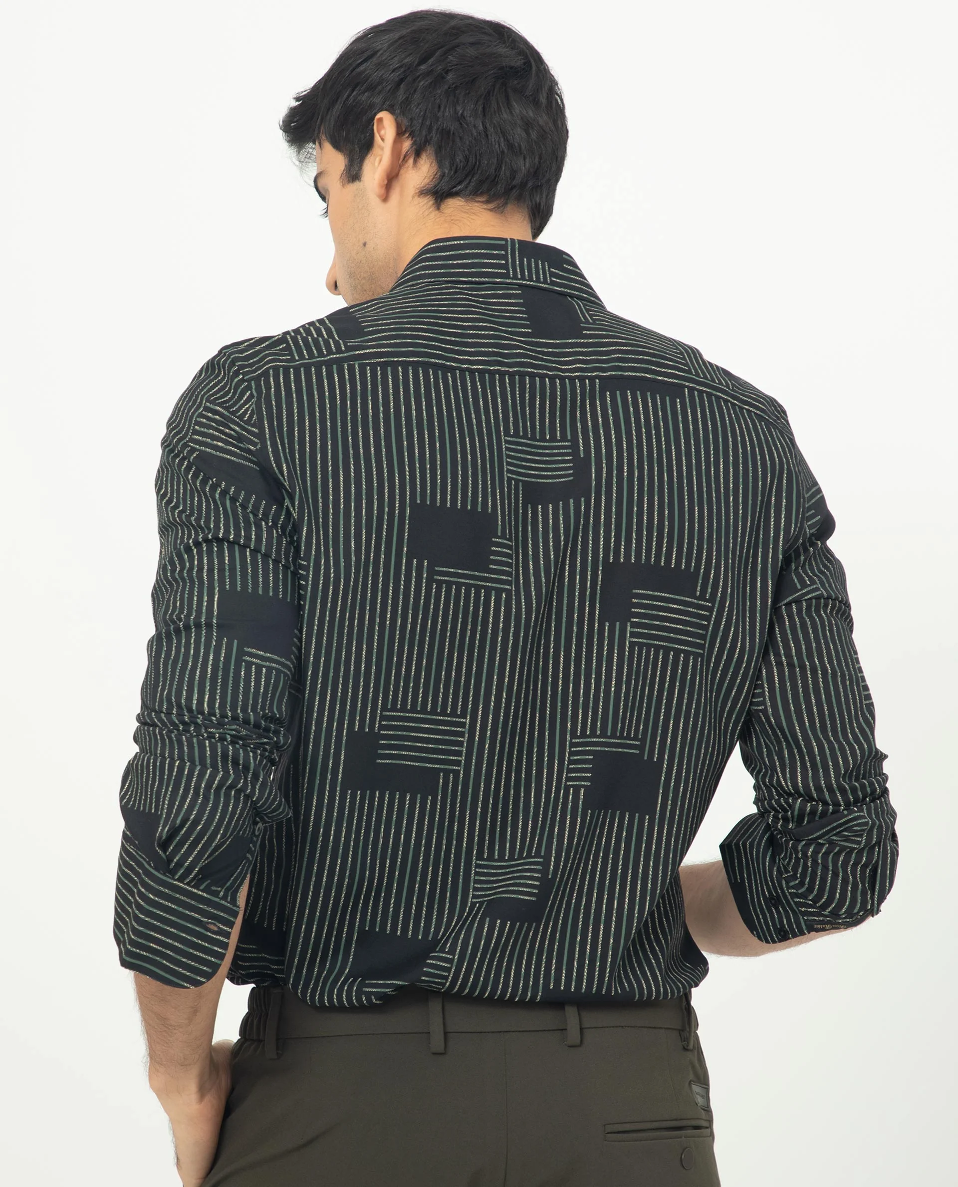 Rare Rabbit Men's Anthem Black Viscose Geometric Print Regular Fit Full Sleeve Collared Shirt - Image 8