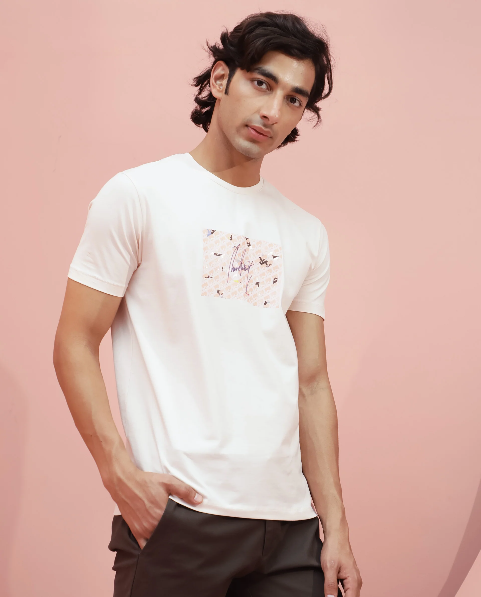 Rare Rabbit Men's Antile Peach Cotton Graphic Print Slim Fit Half Sleeve Crew Neck T-Shirt - Image 10