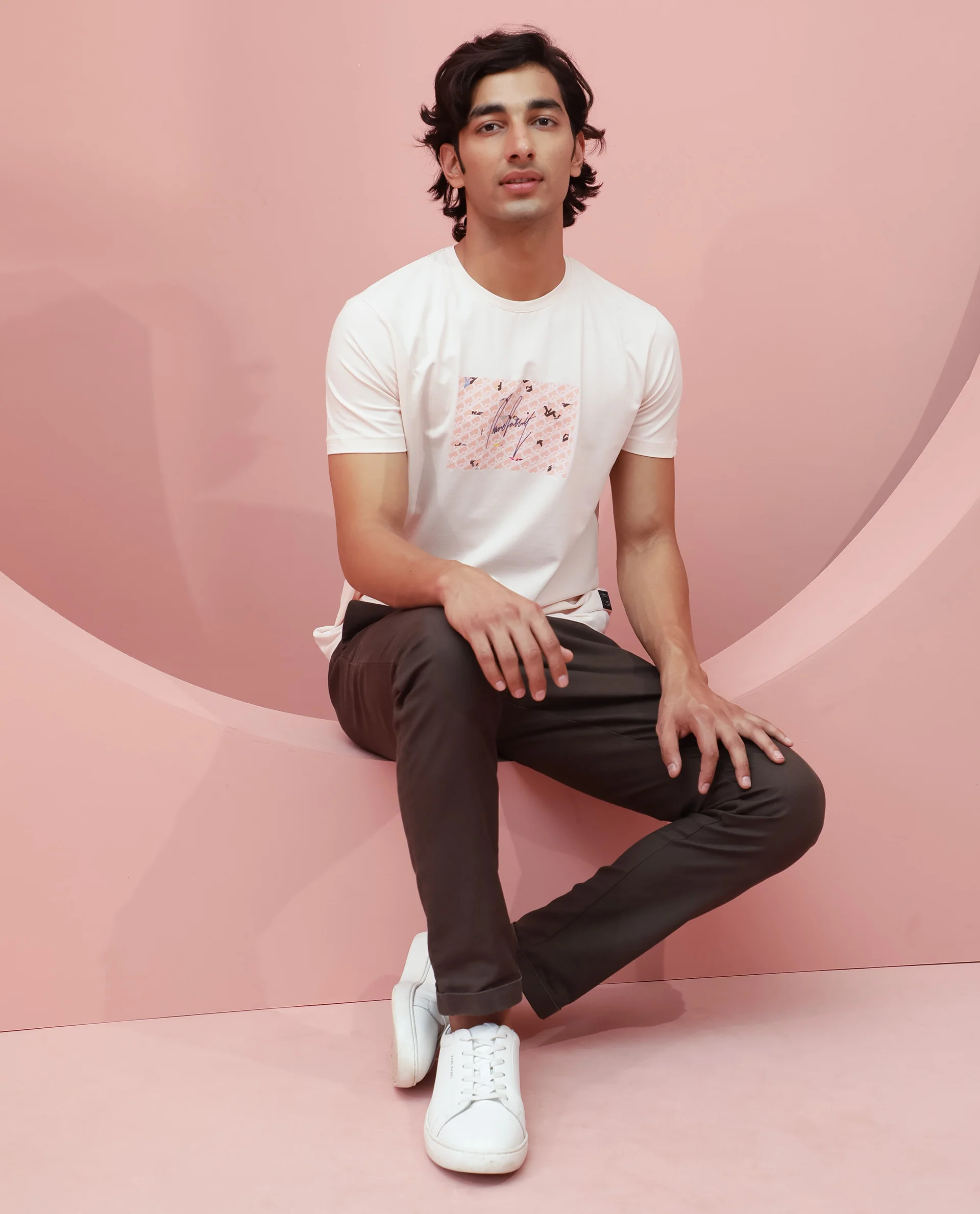 Rare Rabbit Men's Antile Peach Cotton Graphic Print Slim Fit Half Sleeve Crew Neck T-Shirt - Image 2
