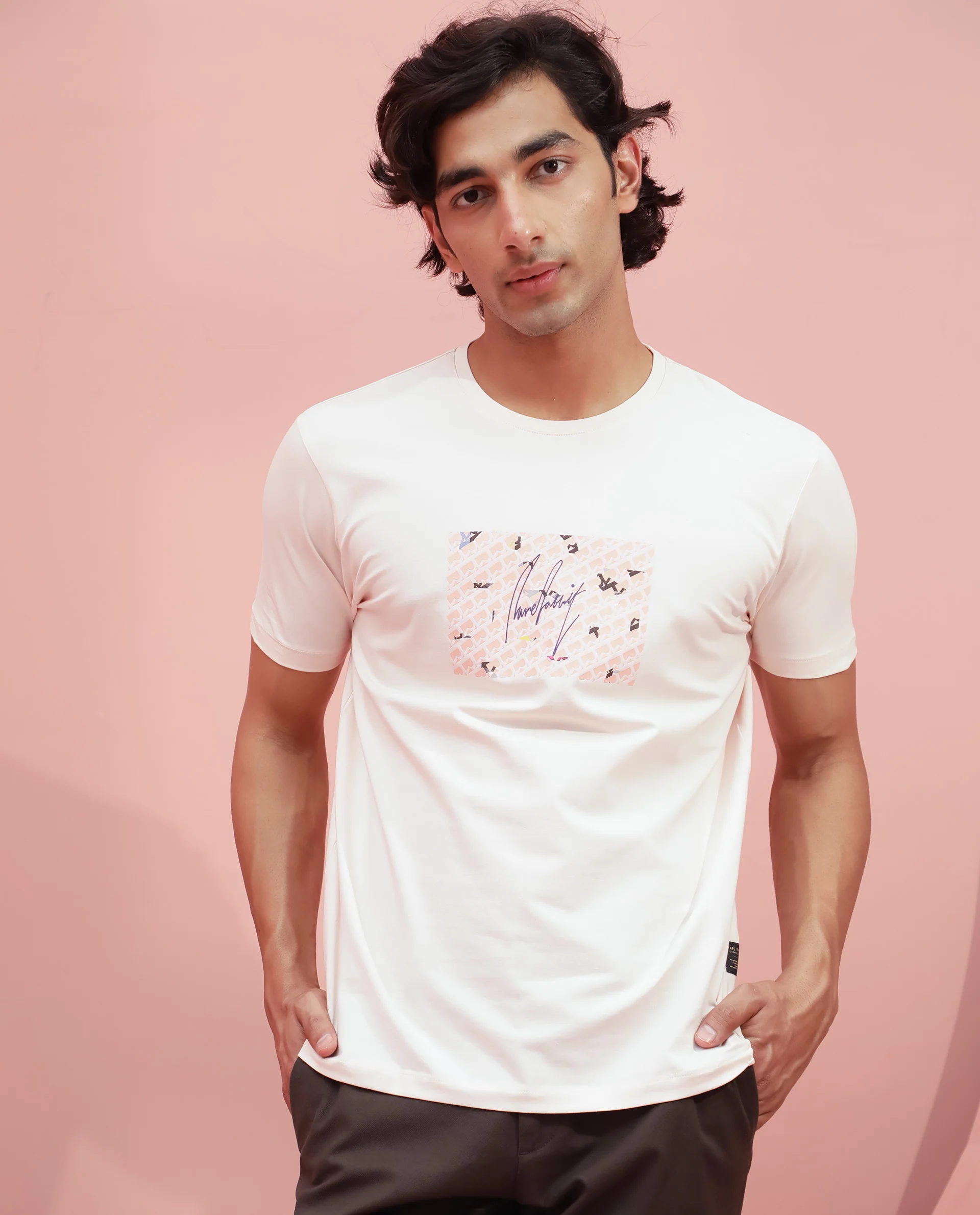 Rare Rabbit Men's Antile Peach Cotton Graphic Print Slim Fit Half Sleeve Crew Neck T-Shirt - Image 3