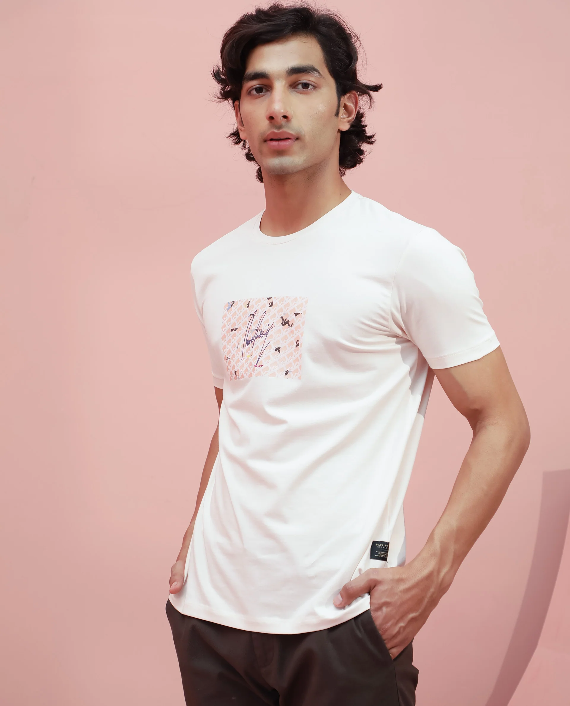 Rare Rabbit Men's Antile Peach Cotton Graphic Print Slim Fit Half Sleeve Crew Neck T-Shirt - Image 4