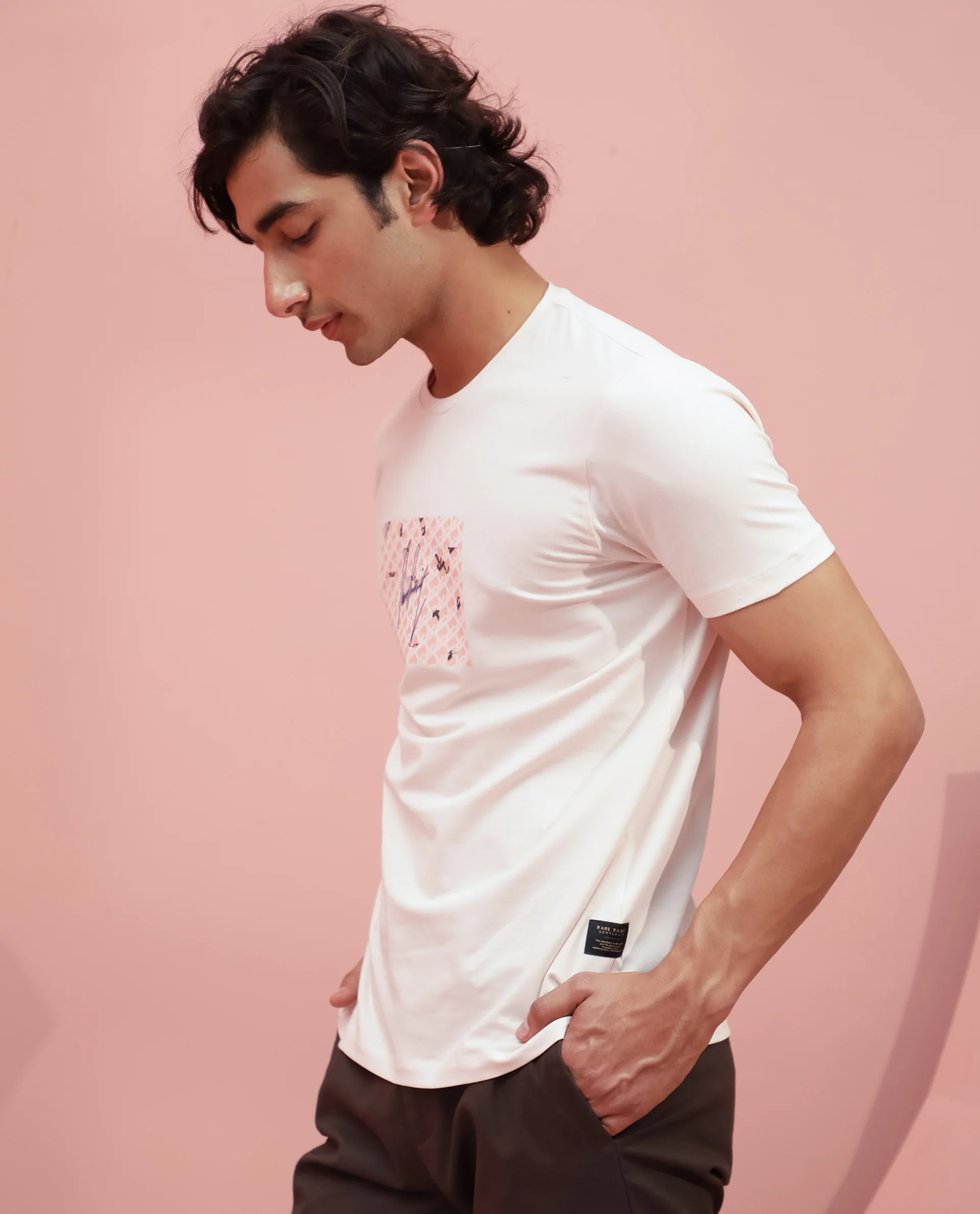 Rare Rabbit Men's Antile Peach Cotton Graphic Print Slim Fit Half Sleeve Crew Neck T-Shirt - Image 5