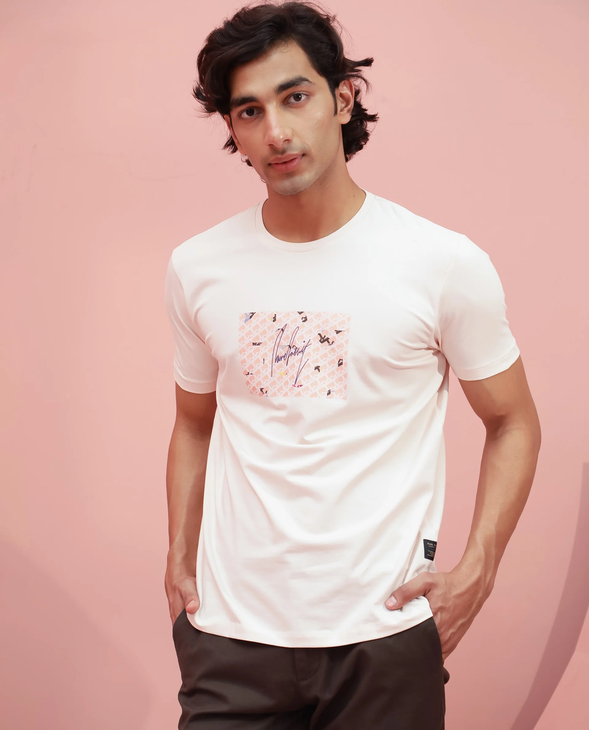 Rare Rabbit Men's Antile Peach Cotton Graphic Print Slim Fit Half Sleeve Crew Neck T-Shirt - Image 7