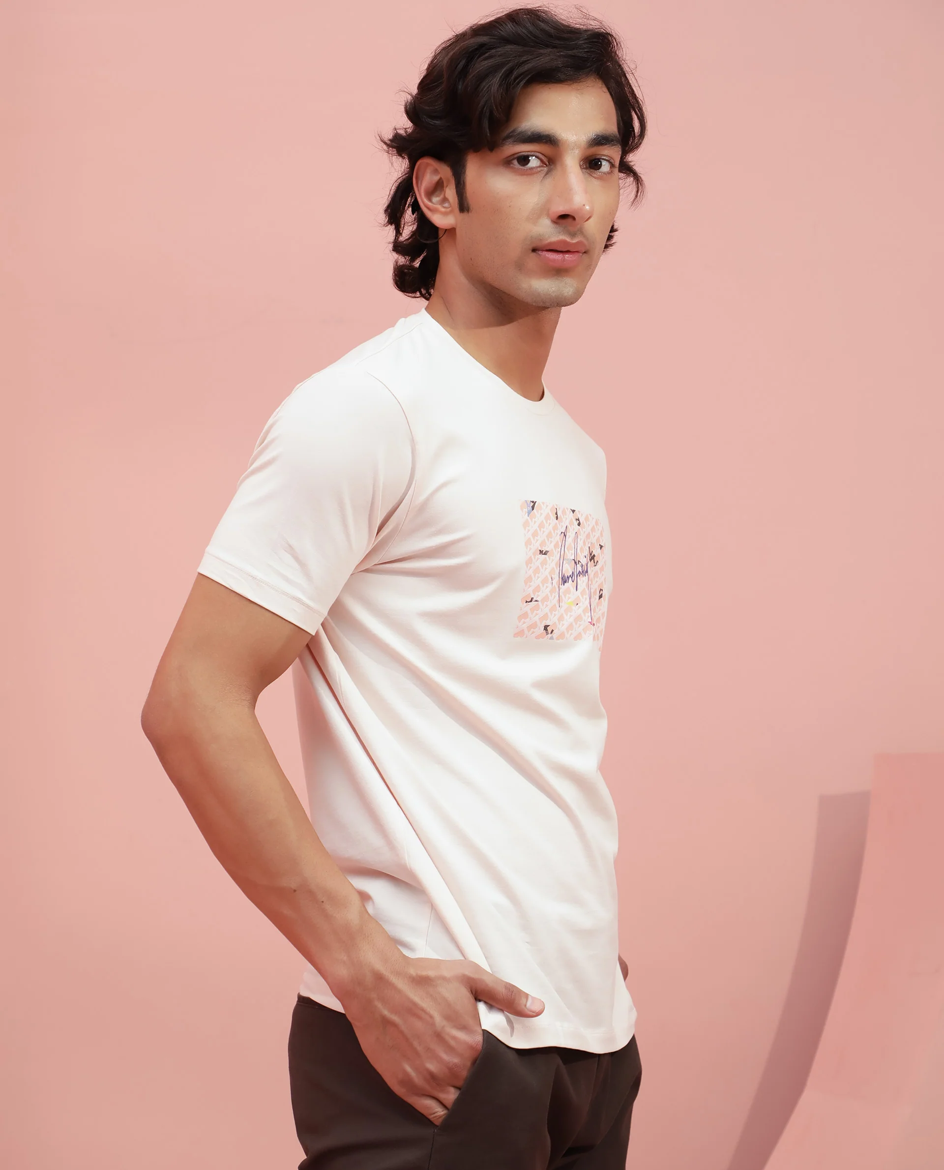 Rare Rabbit Men's Antile Peach Cotton Graphic Print Slim Fit Half Sleeve Crew Neck T-Shirt - Image 8