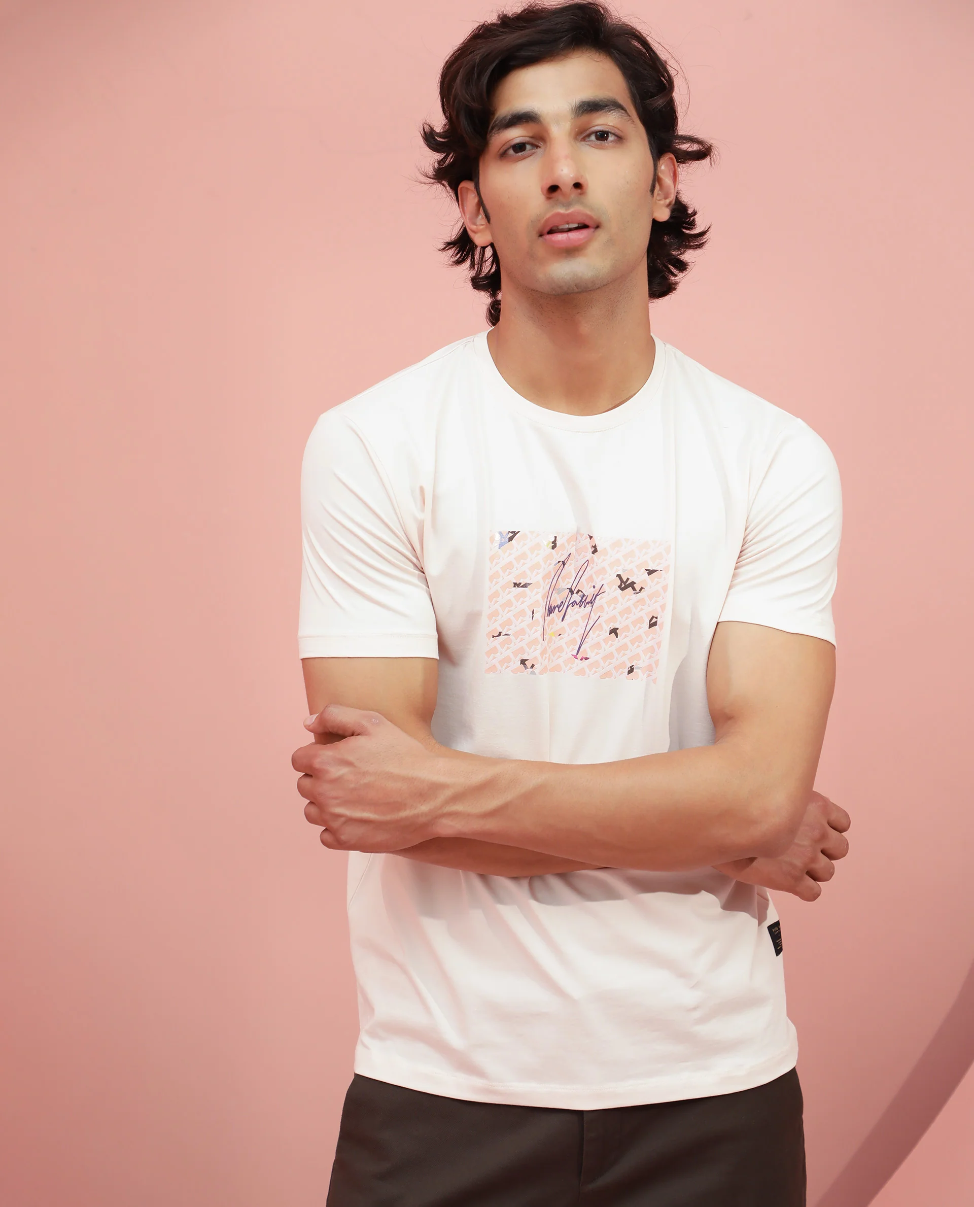 Rare Rabbit Men's Antile Peach Cotton Graphic Print Slim Fit Half Sleeve Crew Neck T-Shirt - Image 9